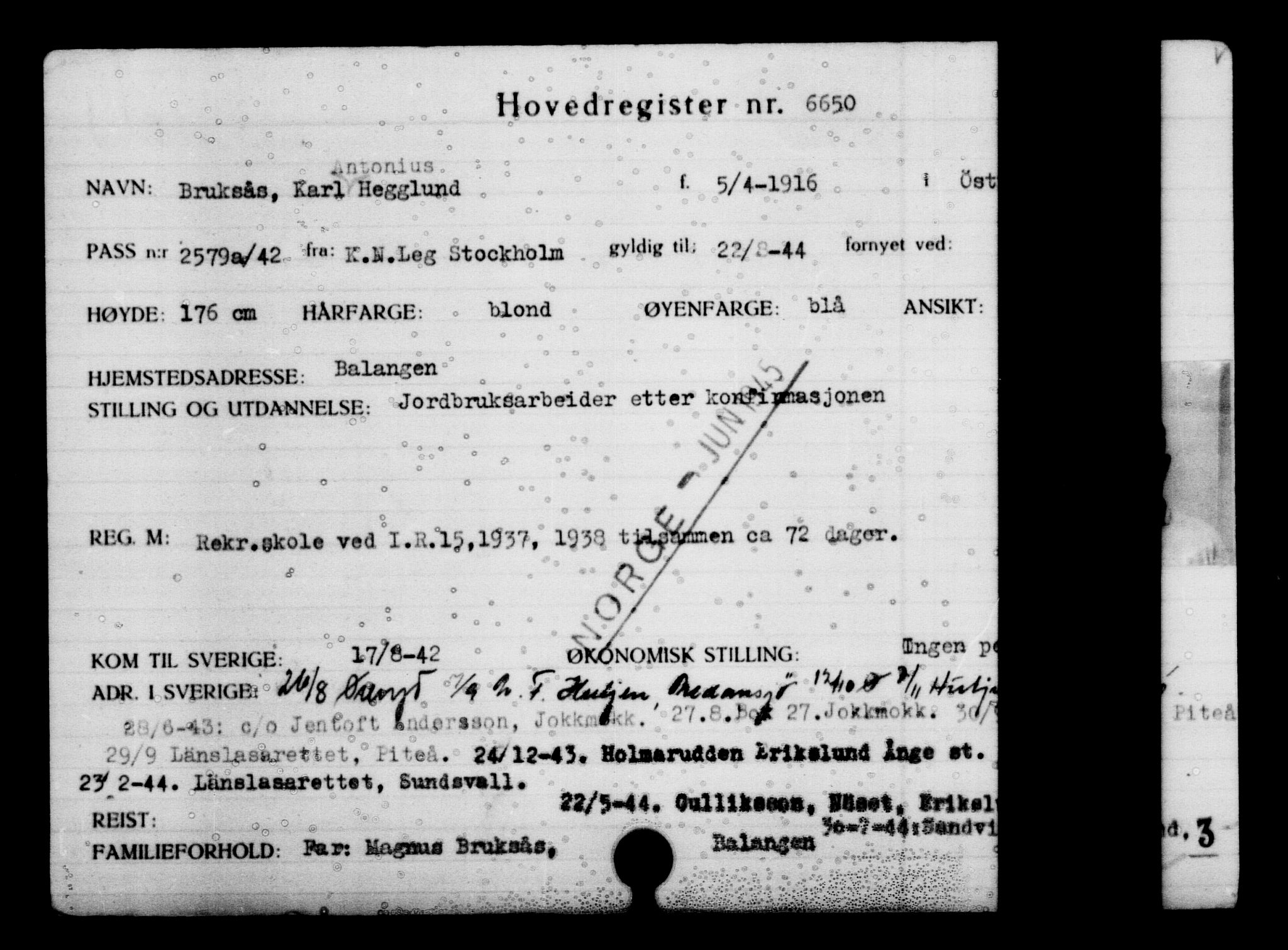Utenriksstasjonene, Legasjonen i Stockholm, Flyktningkontoret, AV/RA-S-6753/V/Va/L0005: Kjesäterkartoteket, flyktninger med registreringsnr. 6600-9417, 1940-1945, s. 62