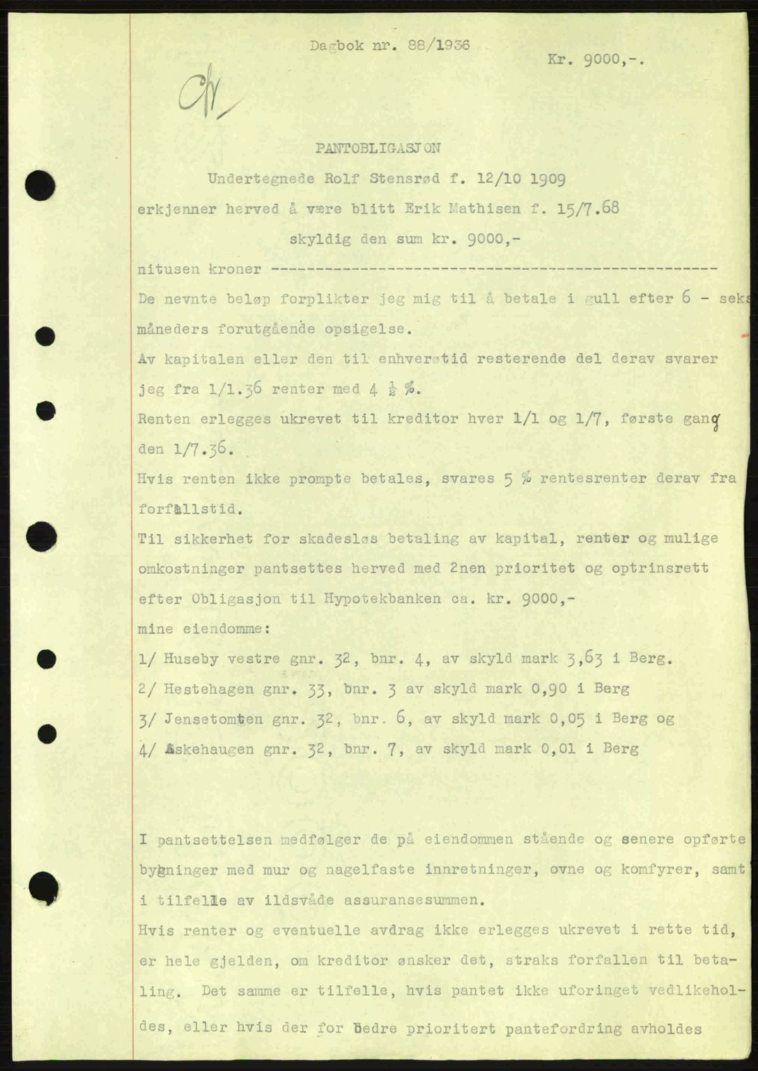 Idd og Marker sorenskriveri, AV/SAO-A-10283/G/Gb/Gbc/L0001: Pantebok nr. B1-3, 1936-1939, Dagboknr: 88/1936