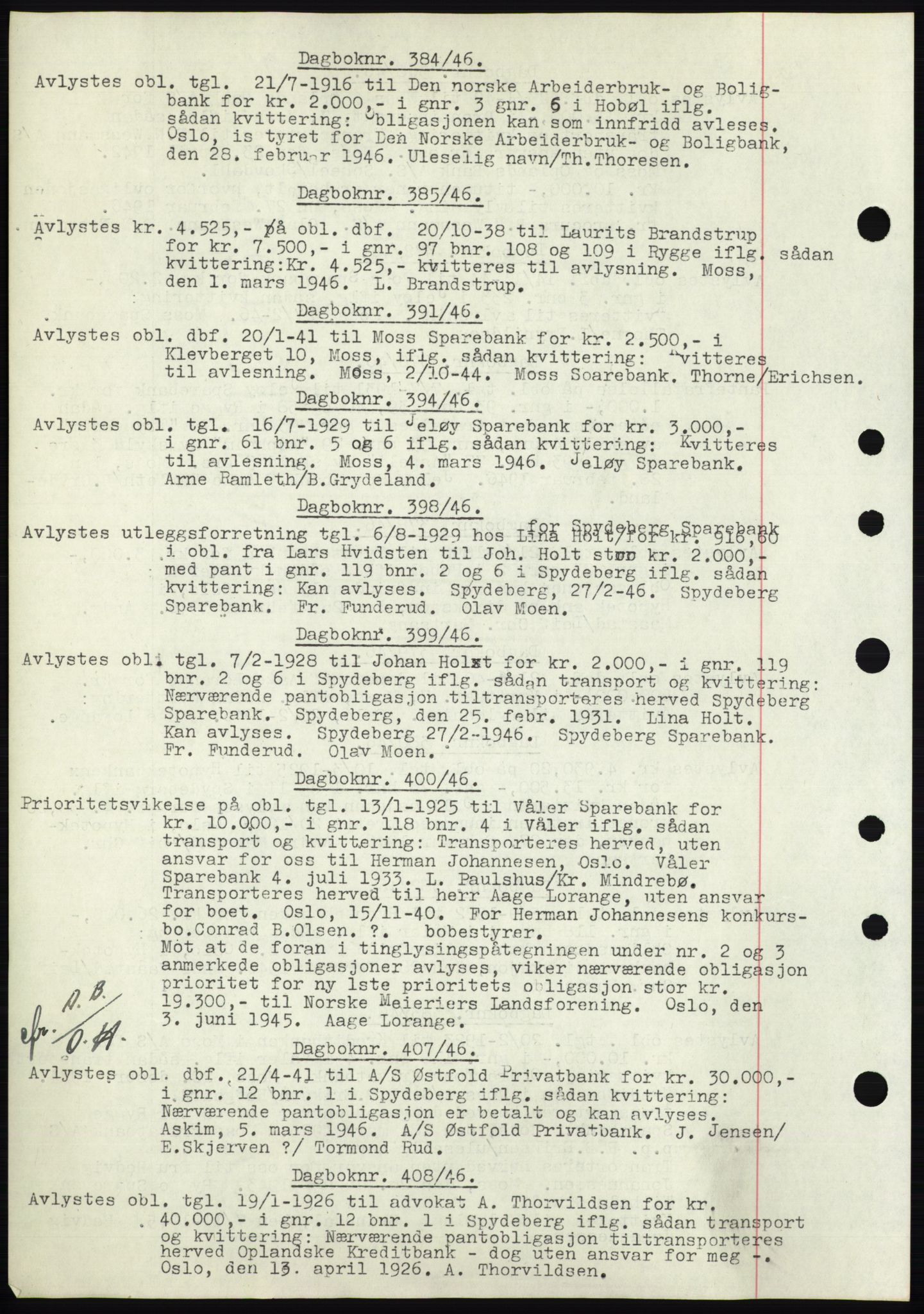 Moss sorenskriveri, SAO/A-10168: Pantebok nr. C10, 1938-1950, Dagboknr: 384/1946