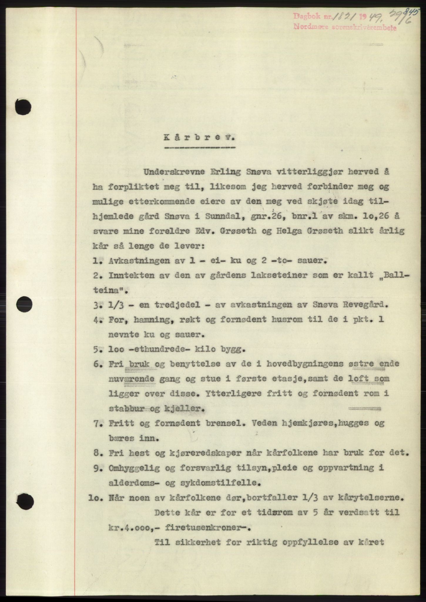 Nordmøre sorenskriveri, SAT/A-4132/1/2/2Ca: Pantebok nr. B101, 1949-1949, Dagboknr: 1821/1949