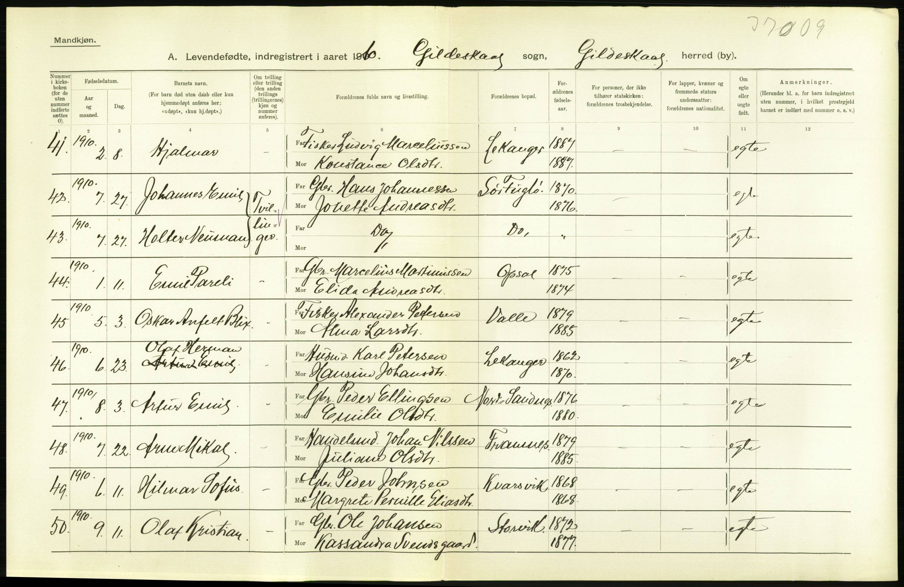 Statistisk sentralbyrå, Sosiodemografiske emner, Befolkning, AV/RA-S-2228/D/Df/Dfa/Dfah/L0040: Nordlands amt: Levendefødte menn og kvinner. Bygder., 1910, s. 4