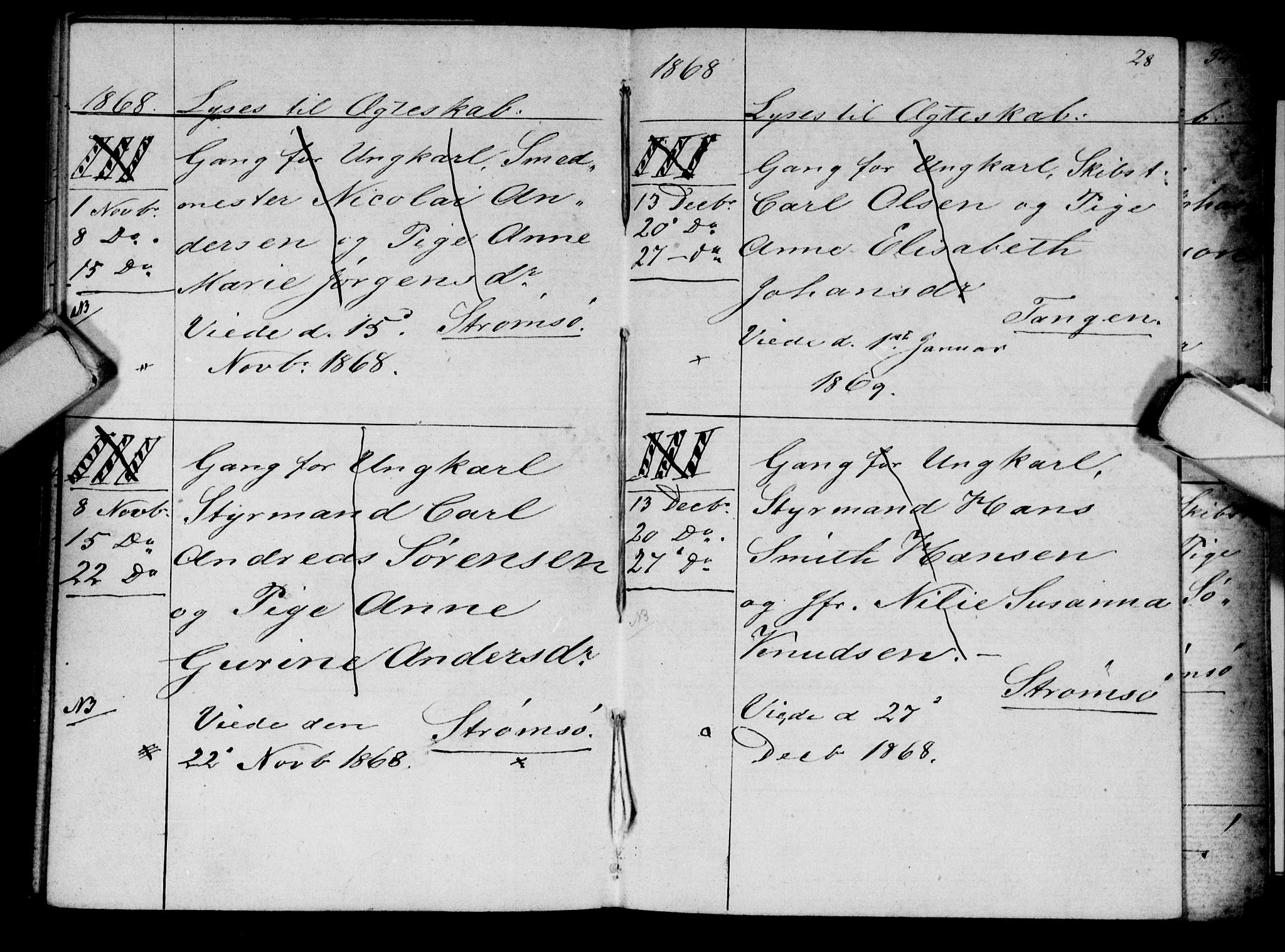 Strømsø kirkebøker, AV/SAKO-A-246/H/Ha/L0003: Lysningsprotokoll nr. 3, 1866-1874, s. 28