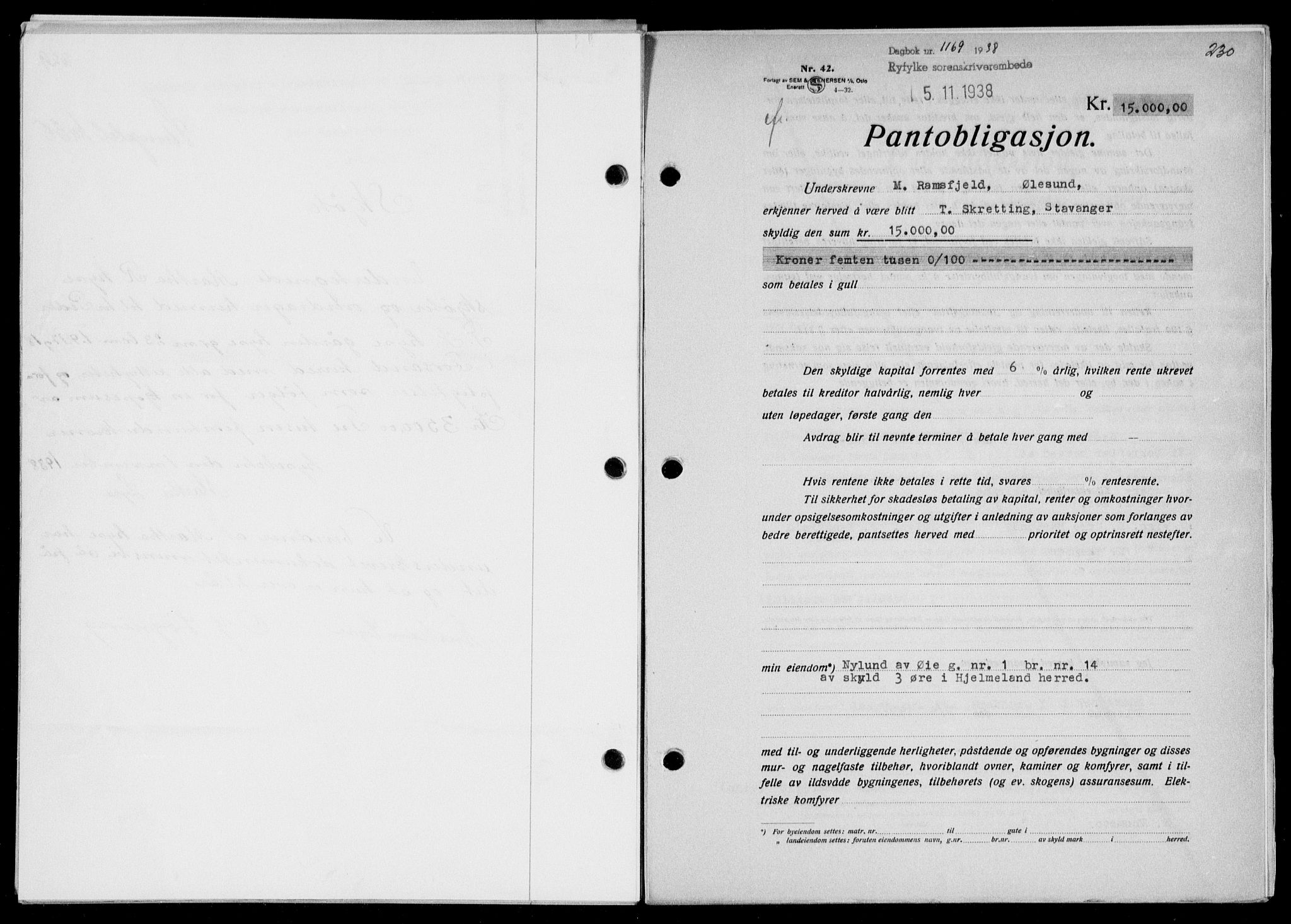 Ryfylke tingrett, SAST/A-100055/001/II/IIB/L0078: Pantebok nr. 57, 1938-1938, Dagboknr: 1169/1938