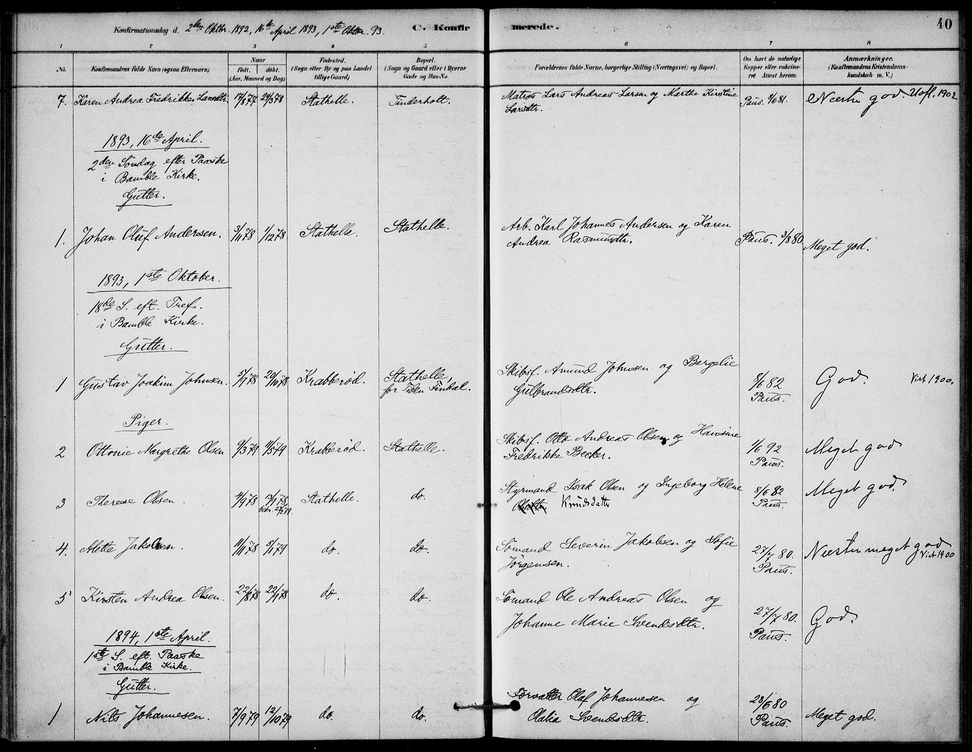 Bamble kirkebøker, AV/SAKO-A-253/G/Gb/L0001: Klokkerbok nr. II 1, 1878-1900, s. 40