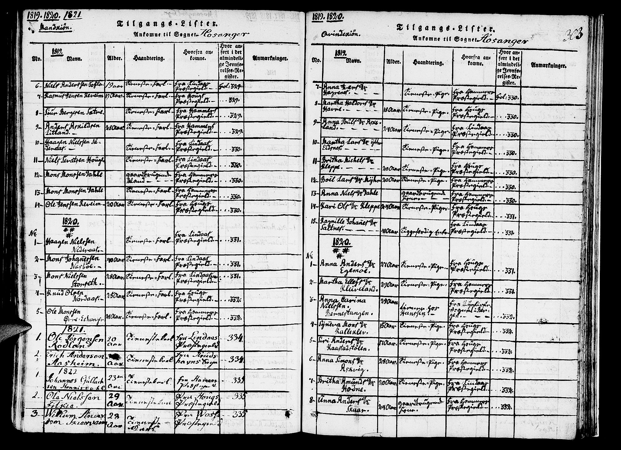 Hosanger sokneprestembete, AV/SAB-A-75801/H/Haa: Ministerialbok nr. A 5, 1815-1824, s. 303