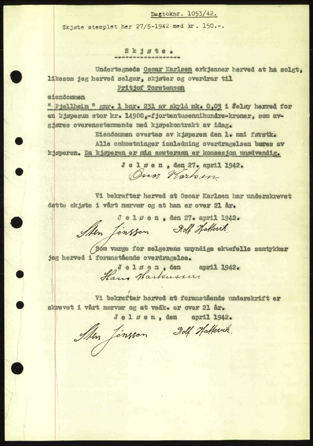 Moss sorenskriveri, SAO/A-10168: Pantebok nr. A9, 1941-1942, Dagboknr: 1053/1942