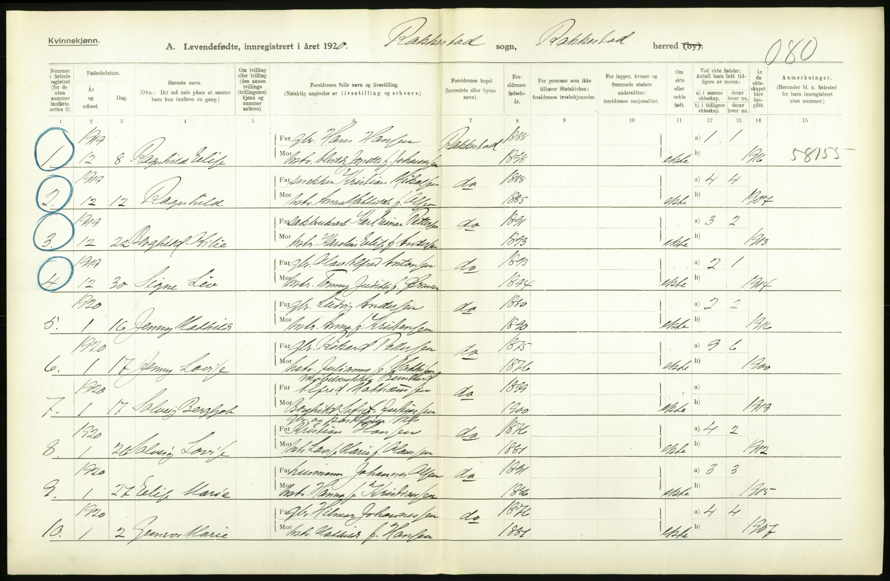 Statistisk sentralbyrå, Sosiodemografiske emner, Befolkning, RA/S-2228/D/Df/Dfb/Dfbj/L0001: Østfold fylke: Levendefødte menn og kvinner. Bygder., 1920, s. 658