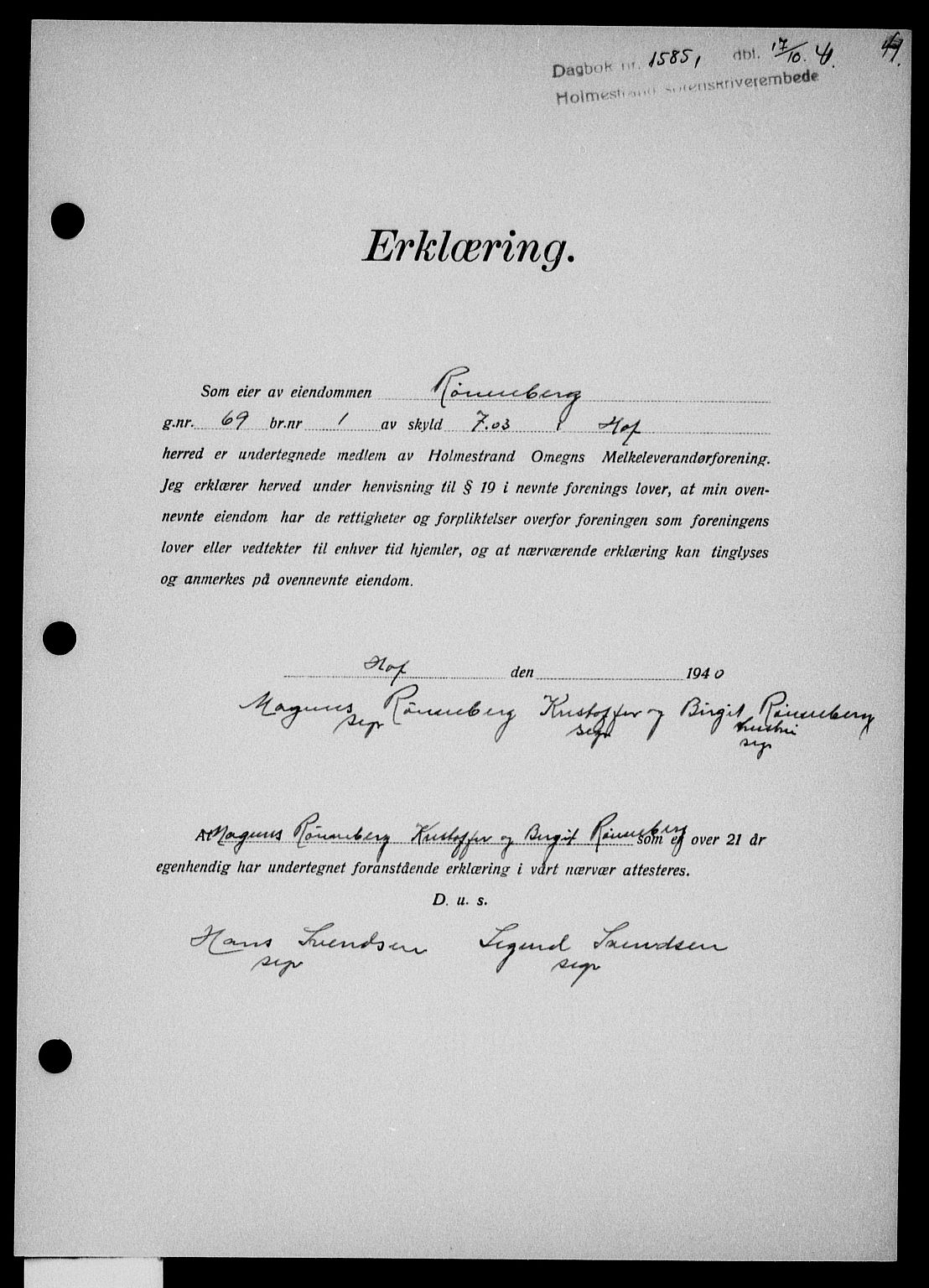Holmestrand sorenskriveri, SAKO/A-67/G/Ga/Gaa/L0054: Pantebok nr. A-54, 1941-1942, Dagboknr: 1585/1941