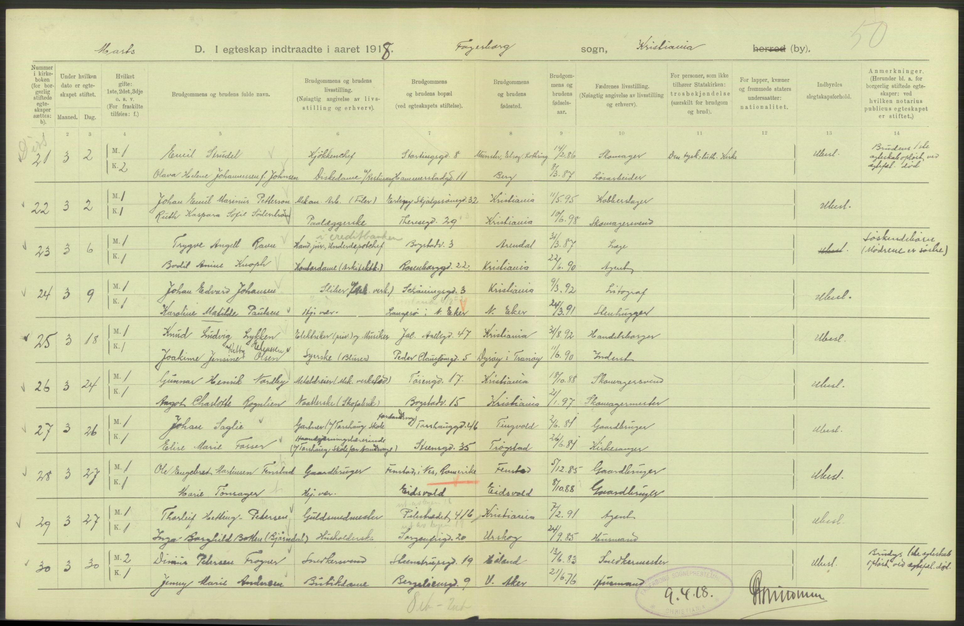 Statistisk sentralbyrå, Sosiodemografiske emner, Befolkning, AV/RA-S-2228/D/Df/Dfb/Dfbh/L0009: Kristiania: Gifte, 1918, s. 582