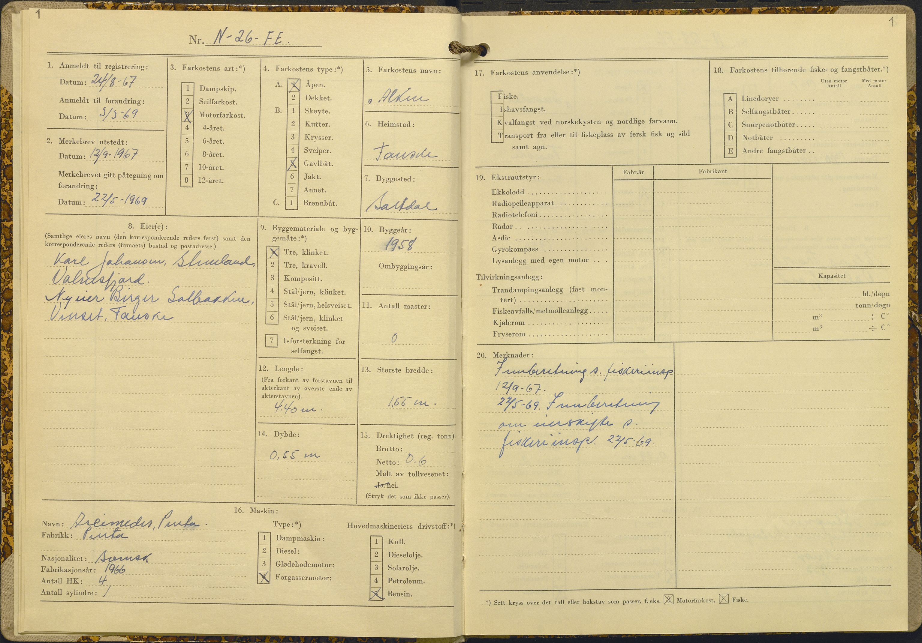 Fiskeridirektoratet - 1 Adm. ledelse - 13 Båtkontoret, AV/SAB-A-2003/I/Ia/Iac/L0058: 135.0322/2 Merkeprotokoll - Fauske, 1967-1969