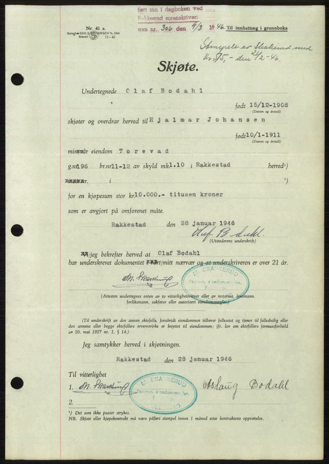 Rakkestad sorenskriveri, AV/SAO-A-10686/G/Gb/Gba/Gbab/L0012a: Pantebok nr. A12 I, 1945-1946, Dagboknr: 306/1946