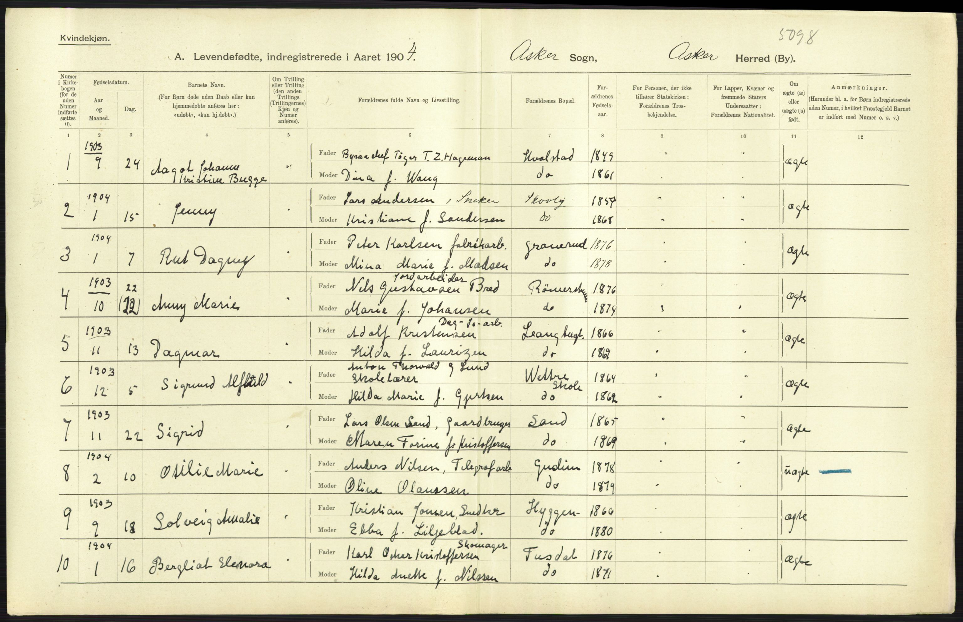 Statistisk sentralbyrå, Sosiodemografiske emner, Befolkning, AV/RA-S-2228/D/Df/Dfa/Dfab/L0002: Akershus amt: Fødte, gifte, døde, 1904, s. 63