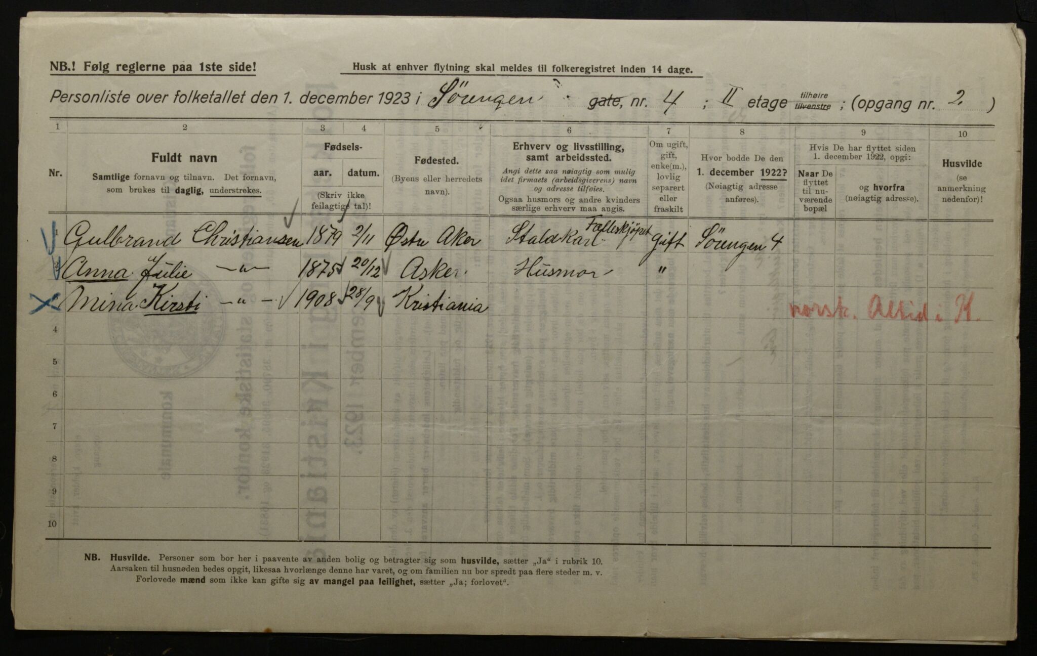 OBA, Kommunal folketelling 1.12.1923 for Kristiania, 1923, s. 117840