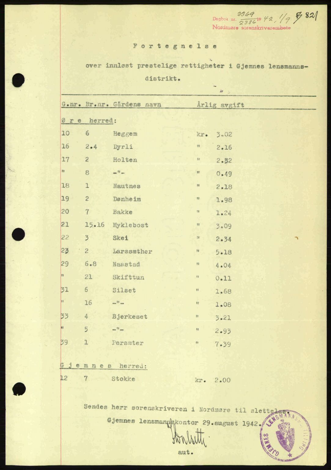 Nordmøre sorenskriveri, AV/SAT-A-4132/1/2/2Ca: Pantebok nr. B89, 1942-1942, Dagboknr: 2369/1942