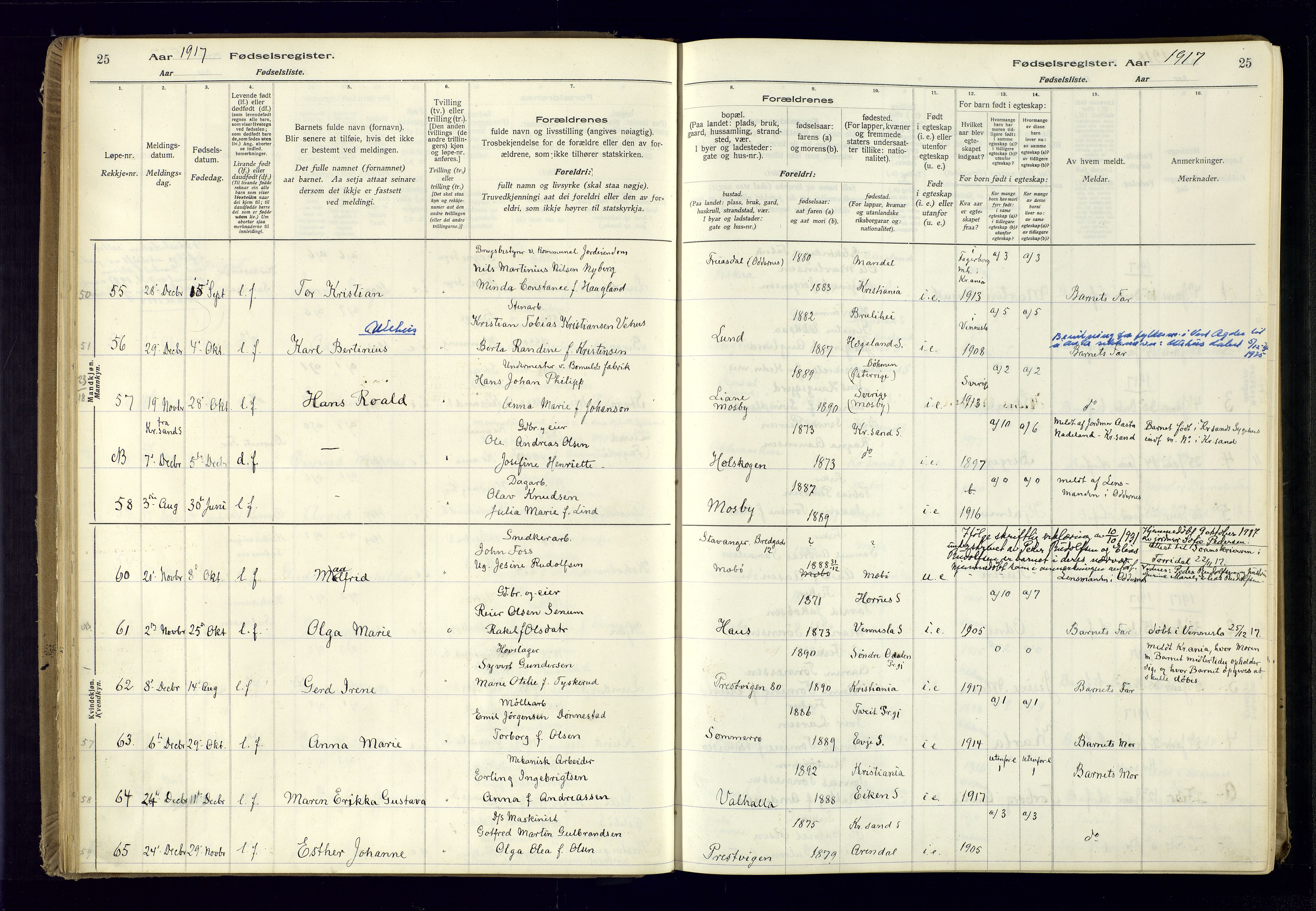 Oddernes sokneprestkontor, AV/SAK-1111-0033/J/Ja/L0001: Fødselsregister nr. 1, 1916-1935, s. 25