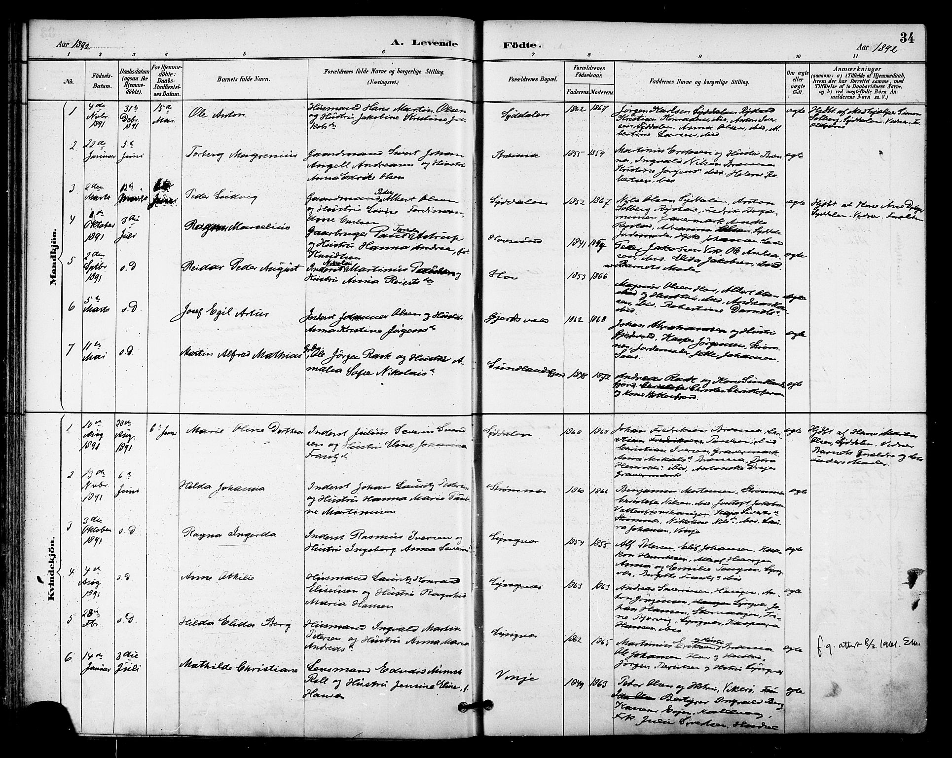 Ministerialprotokoller, klokkerbøker og fødselsregistre - Nordland, SAT/A-1459/876/L1097: Ministerialbok nr. 876A03, 1886-1896, s. 34