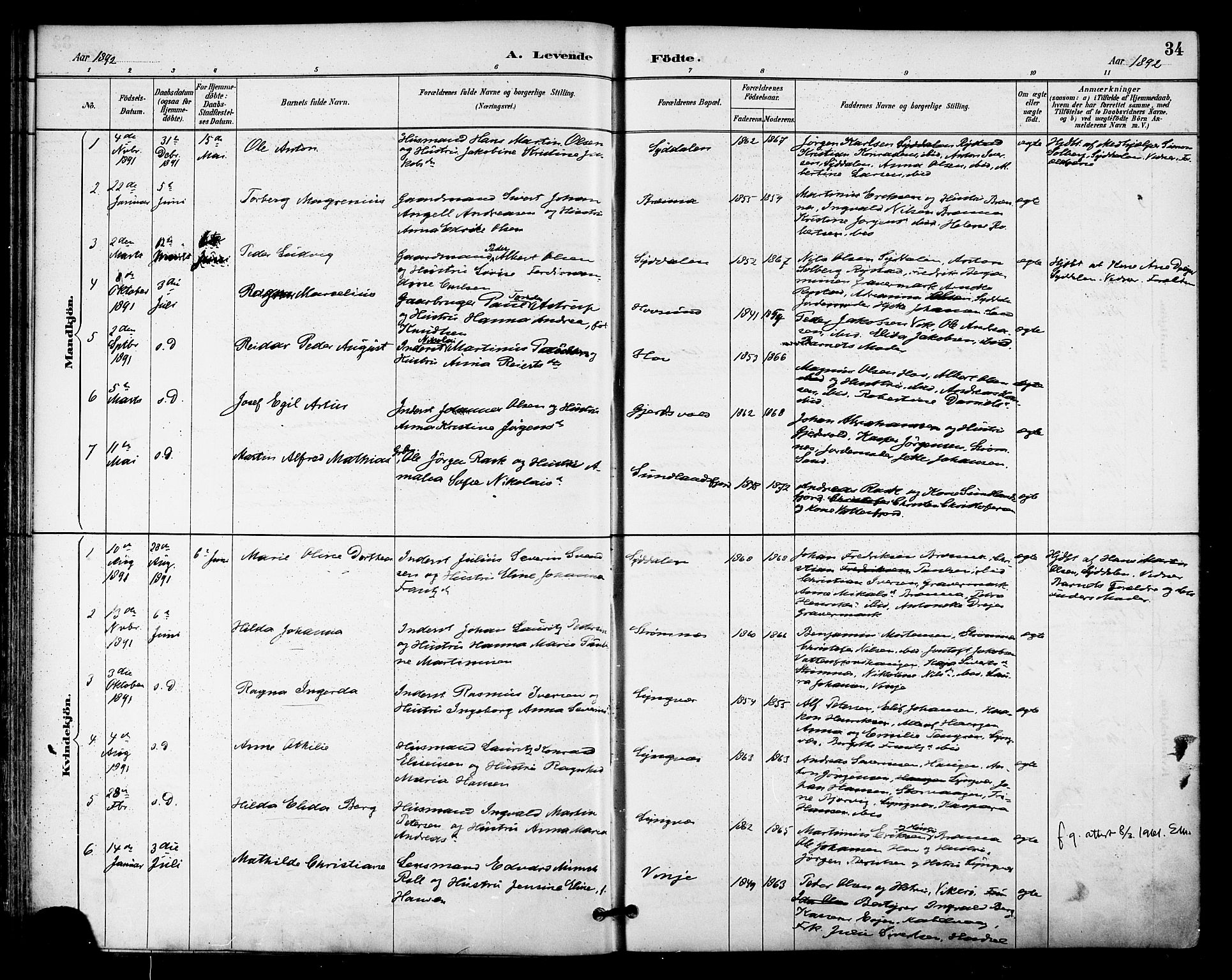 Ministerialprotokoller, klokkerbøker og fødselsregistre - Nordland, AV/SAT-A-1459/876/L1097: Ministerialbok nr. 876A03, 1886-1896, s. 34