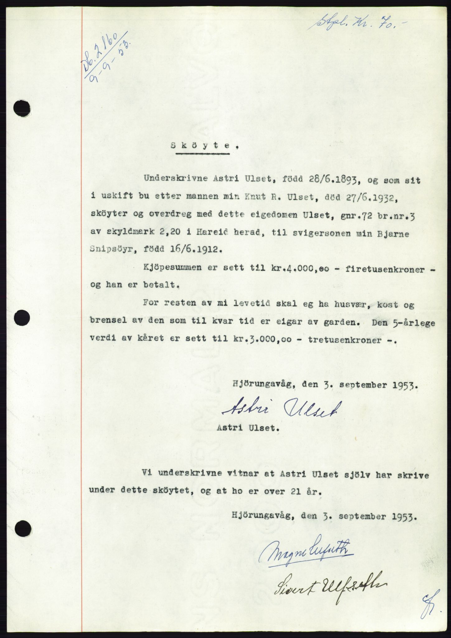 Søre Sunnmøre sorenskriveri, AV/SAT-A-4122/1/2/2C/L0095: Pantebok nr. 21A, 1953-1953, Dagboknr: 2160/1953