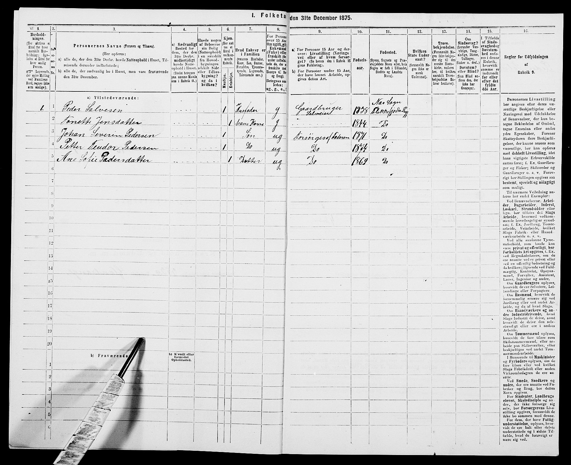 SAK, Folketelling 1875 for 1042L Flekkefjord prestegjeld, Nes sokn og Hidra sokn, 1875, s. 1218