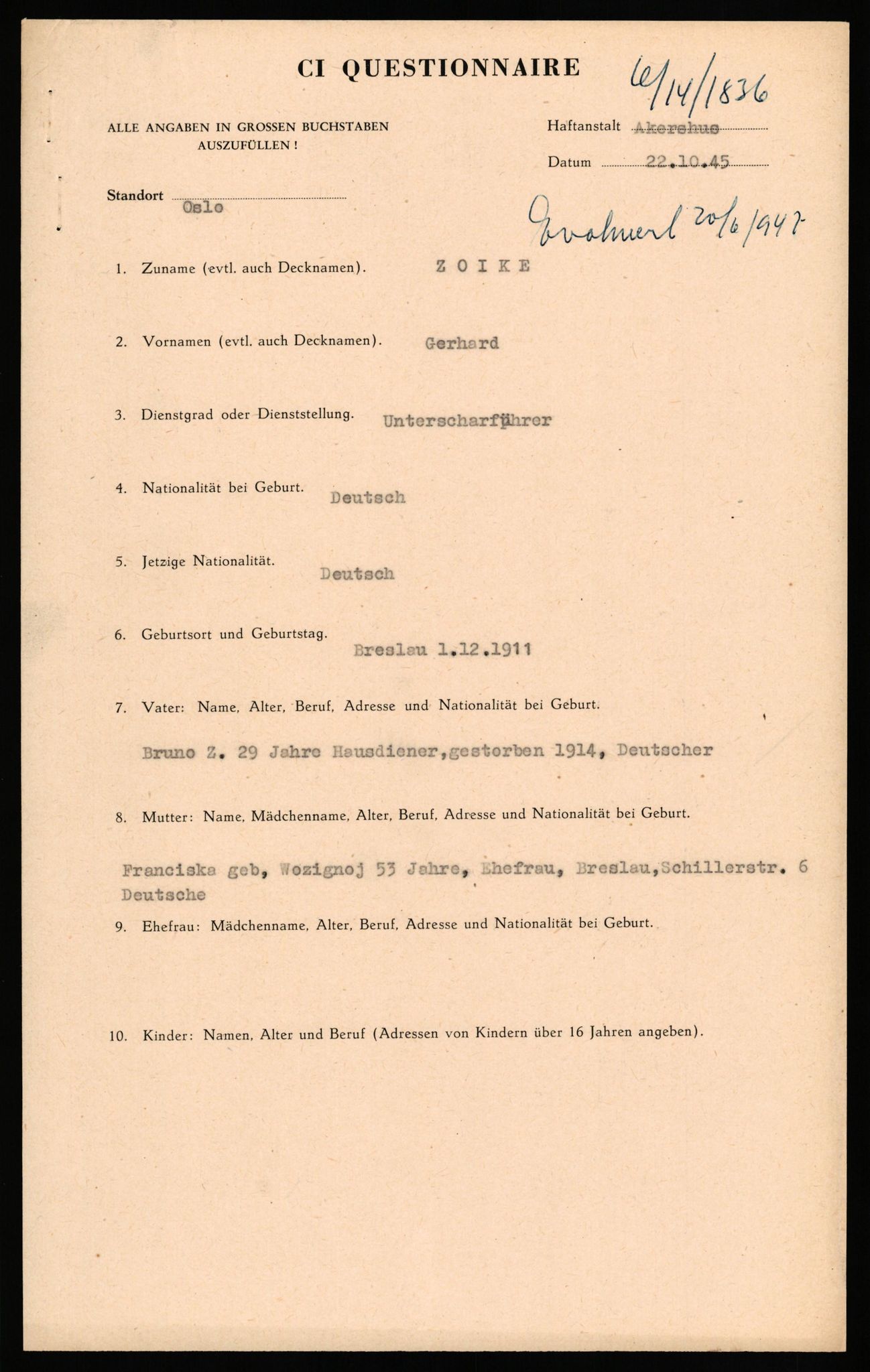 Forsvaret, Forsvarets overkommando II, AV/RA-RAFA-3915/D/Db/L0037: CI Questionaires. Tyske okkupasjonsstyrker i Norge. Tyskere., 1945-1946, s. 443