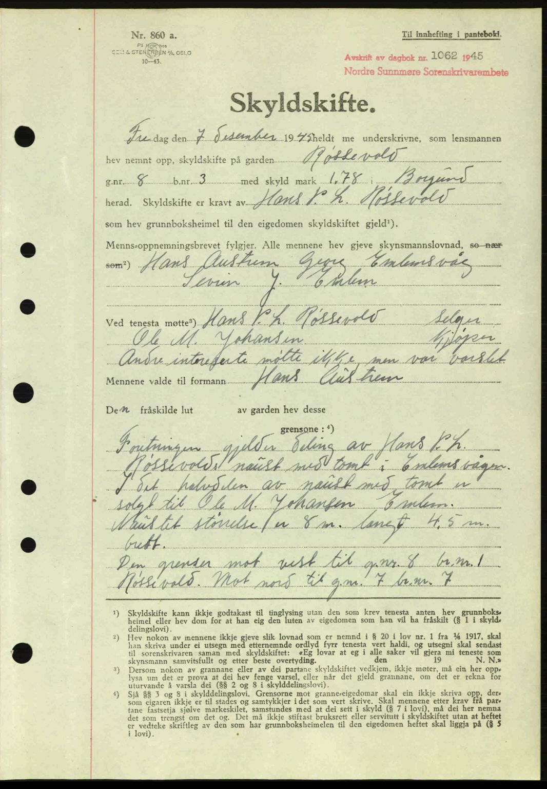 Nordre Sunnmøre sorenskriveri, AV/SAT-A-0006/1/2/2C/2Ca: Pantebok nr. A20a, 1945-1945, Dagboknr: 1062/1945