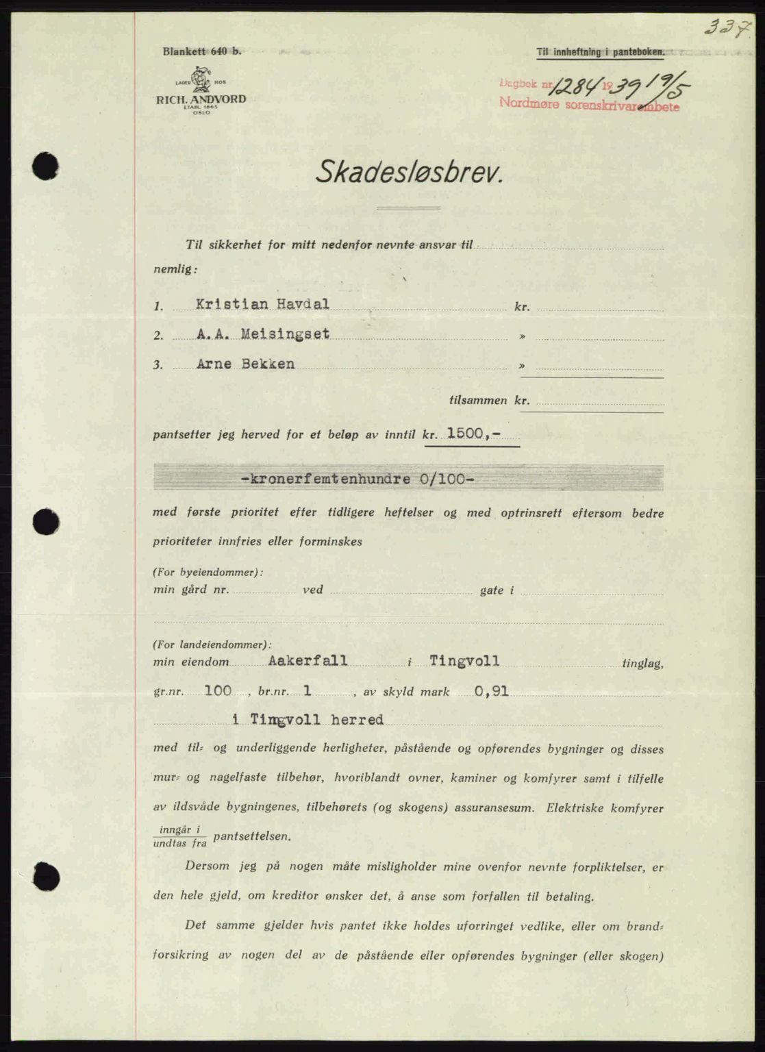 Nordmøre sorenskriveri, SAT/A-4132/1/2/2Ca: Pantebok nr. B85, 1939-1939, Dagboknr: 1284/1939