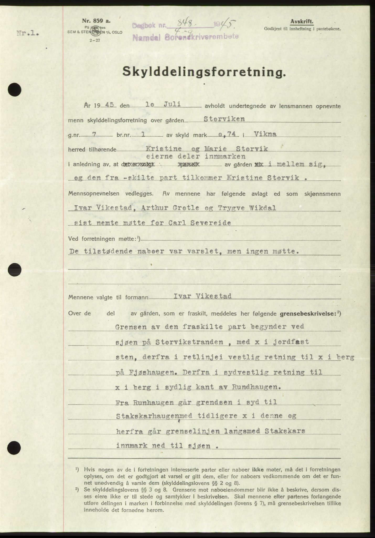 Namdal sorenskriveri, SAT/A-4133/1/2/2C: Pantebok nr. -, 1944-1945, Dagboknr: 848/1945