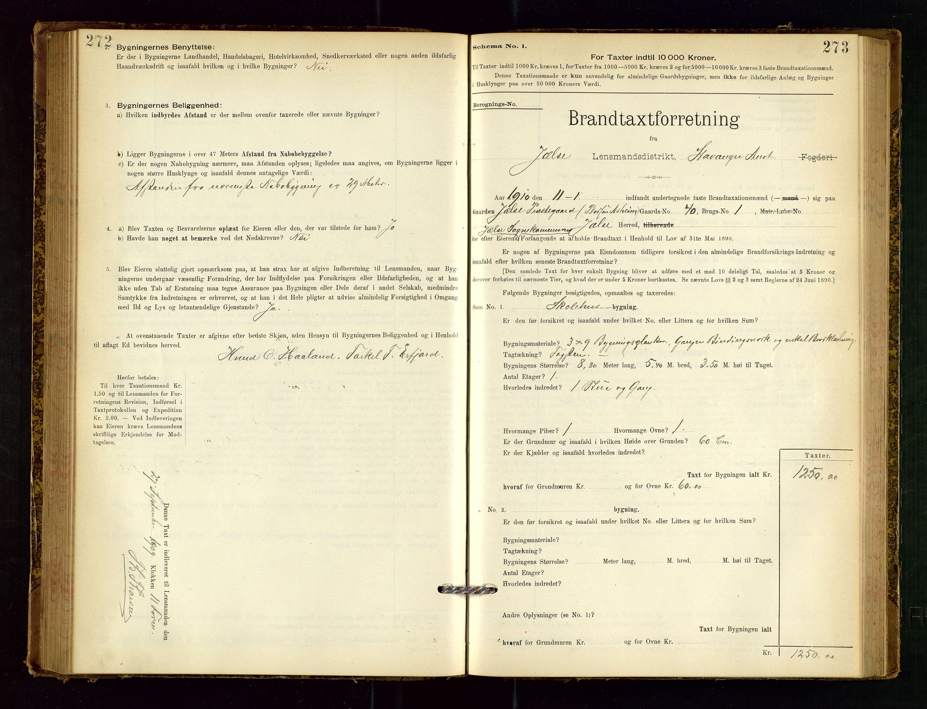 Jelsa lensmannskontor, SAST/A-100360/Gob/L0001: "Brandtaxationsprotocol", 1895-1918, s. 272-273