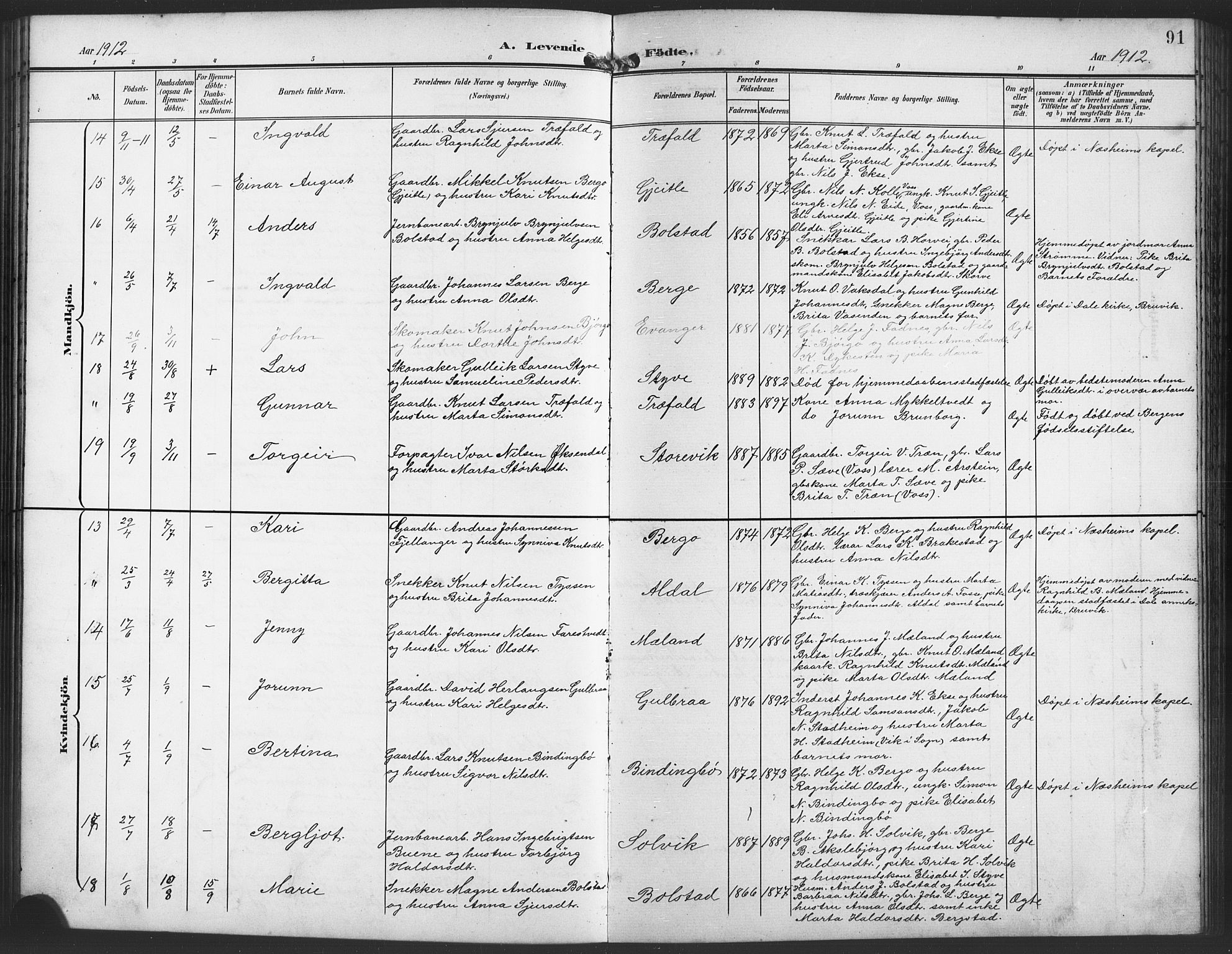 Evanger sokneprestembete, AV/SAB-A-99924: Klokkerbok nr. A 5, 1897-1917, s. 91