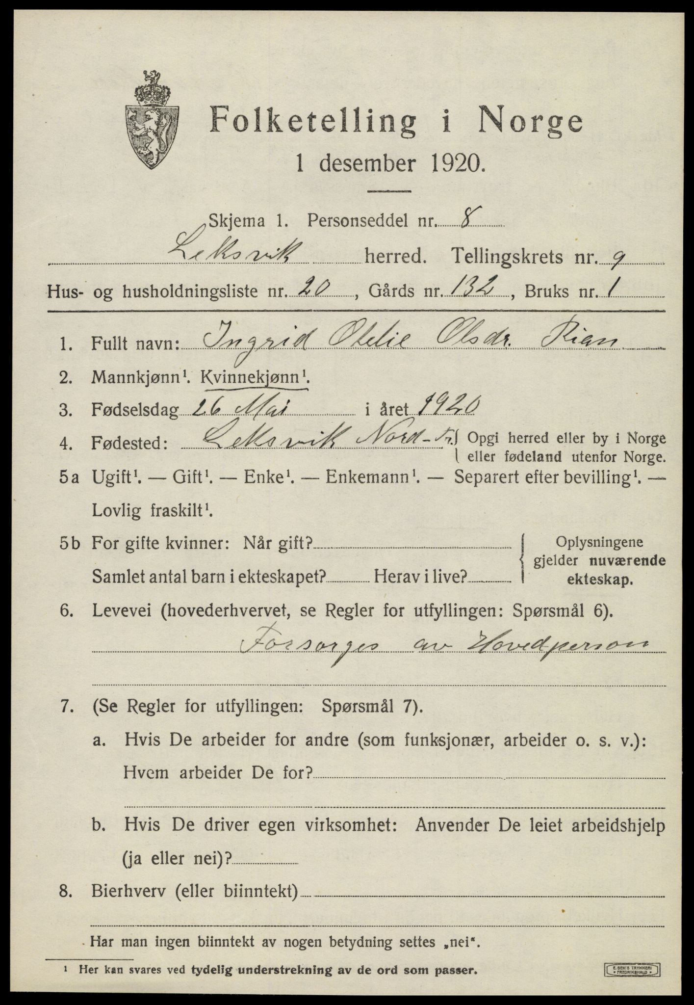 SAT, Folketelling 1920 for 1718 Leksvik herred, 1920, s. 7170