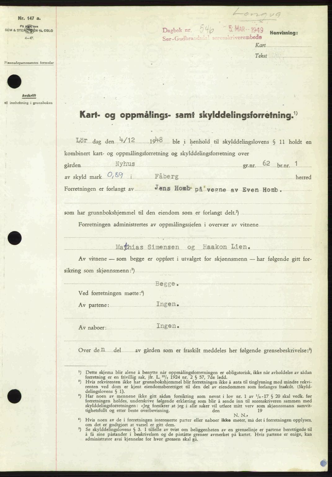 Sør-Gudbrandsdal tingrett, SAH/TING-004/H/Hb/Hbd/L0024: Pantebok nr. A24, 1948-1949, Dagboknr: 546/1949