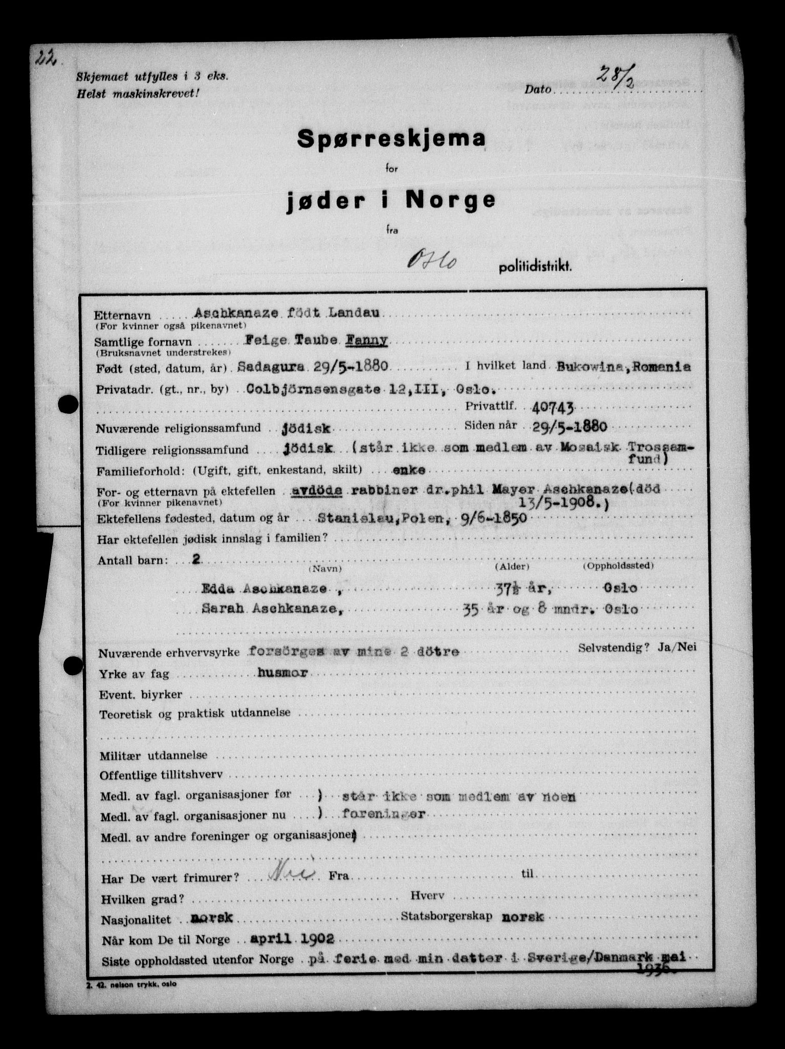 Statspolitiet - Hovedkontoret / Osloavdelingen, AV/RA-S-1329/G/Ga/L0009: Spørreskjema for jøder i Norge, Oslo Alexander-Gutman, 1942, s. 62