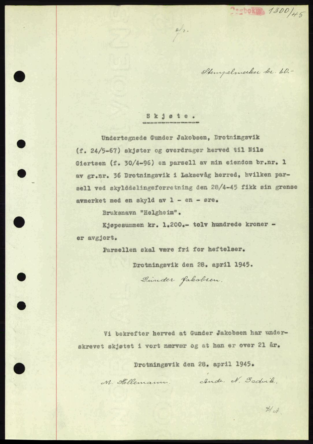Midhordland sorenskriveri, SAB/A-3001/1/G/Gb/Gbk/L0008: Pantebok nr. A36-41, 1944-1945, Dagboknr: 1300/1945