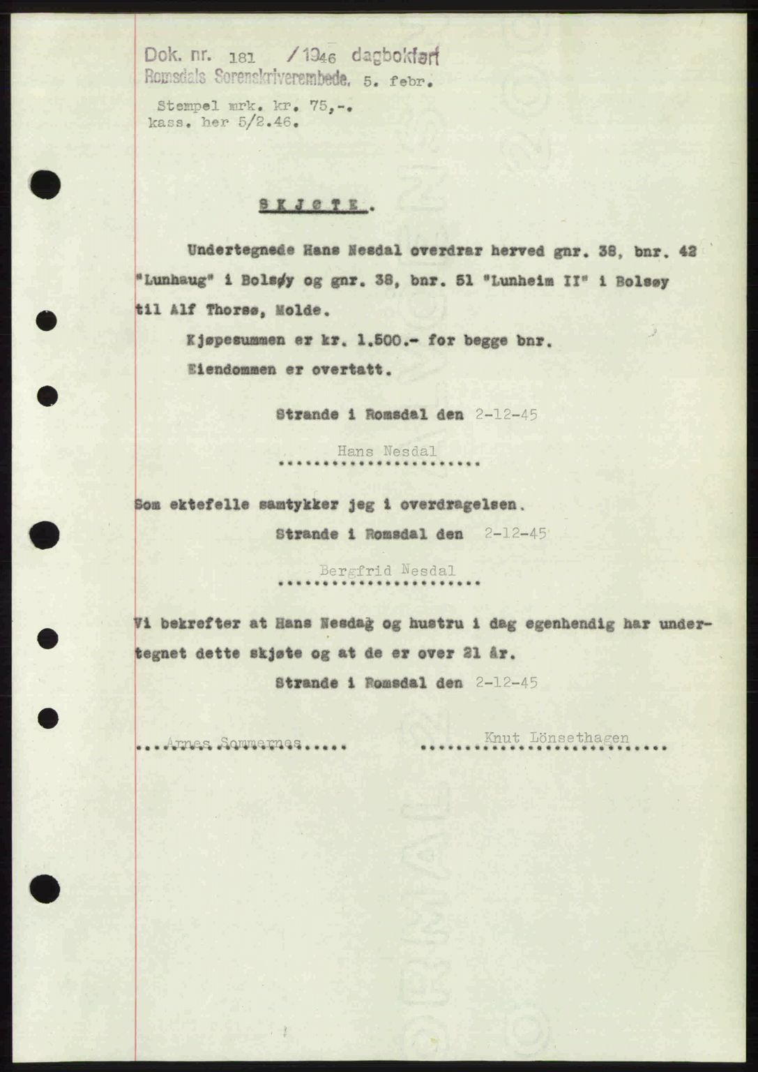 Romsdal sorenskriveri, SAT/A-4149/1/2/2C: Pantebok nr. A19, 1946-1946, Dagboknr: 181/1946