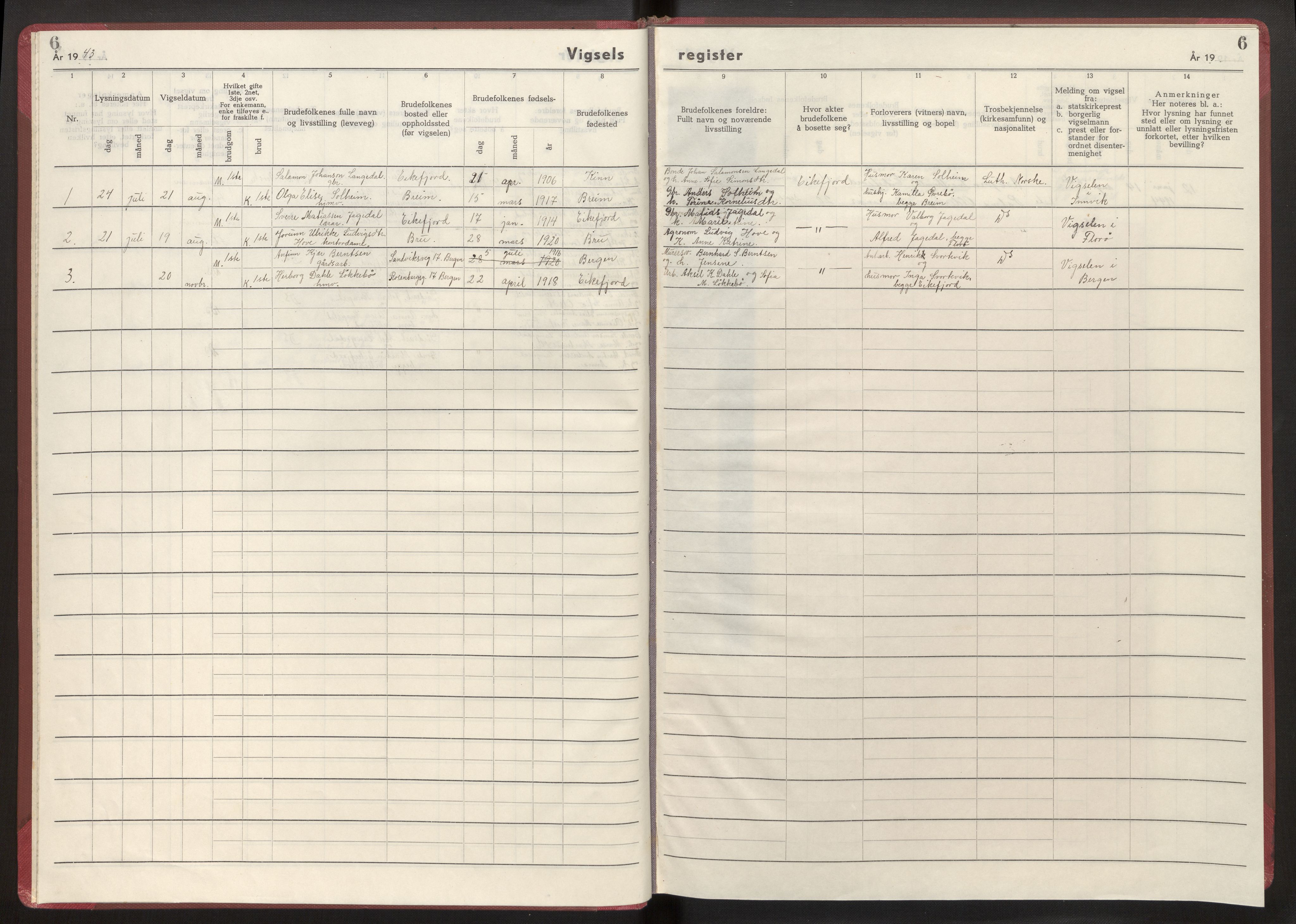 Eikefjord folkeregister (Krigsregister), AV/SAB-A-87201/F/L0002: Vigselsregister, 1942-1944