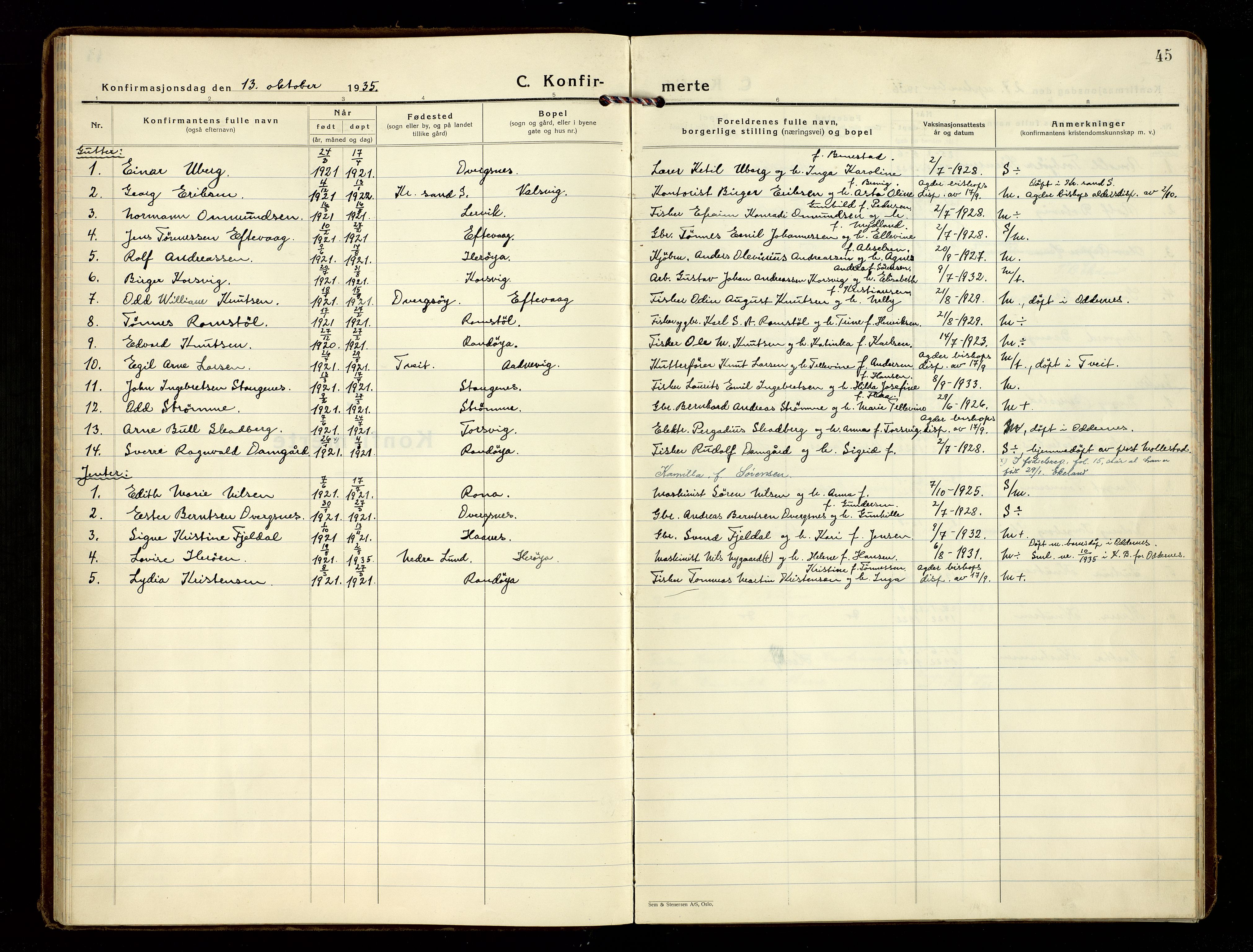 Oddernes sokneprestkontor, AV/SAK-1111-0033/F/Fa/Fab/L0005: Ministerialbok nr. A 5, 1935-1954, s. 45