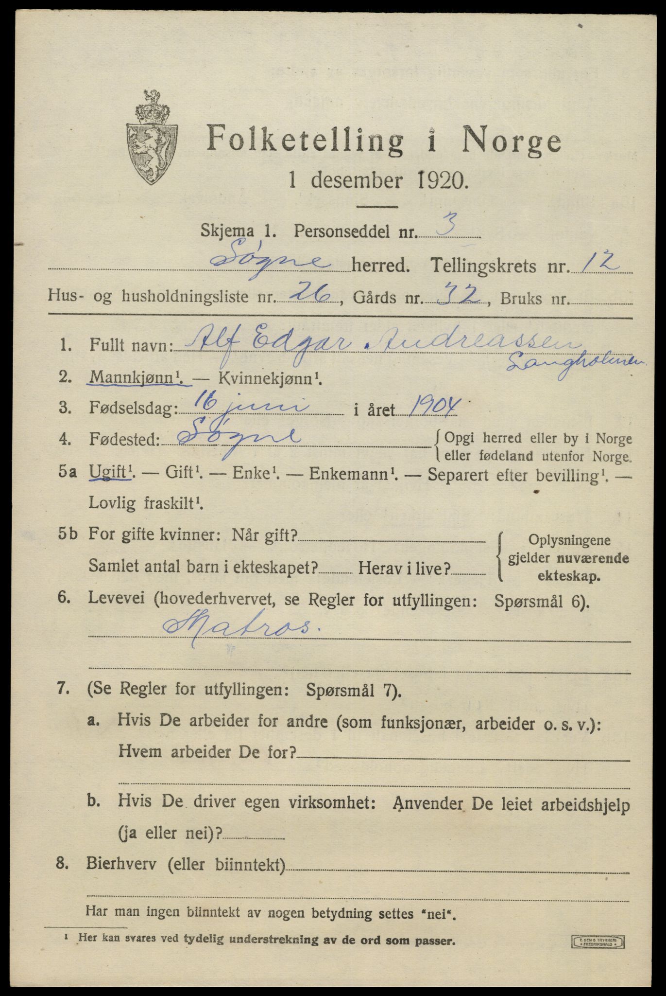 SAK, Folketelling 1920 for 1018 Søgne herred, 1920, s. 6181