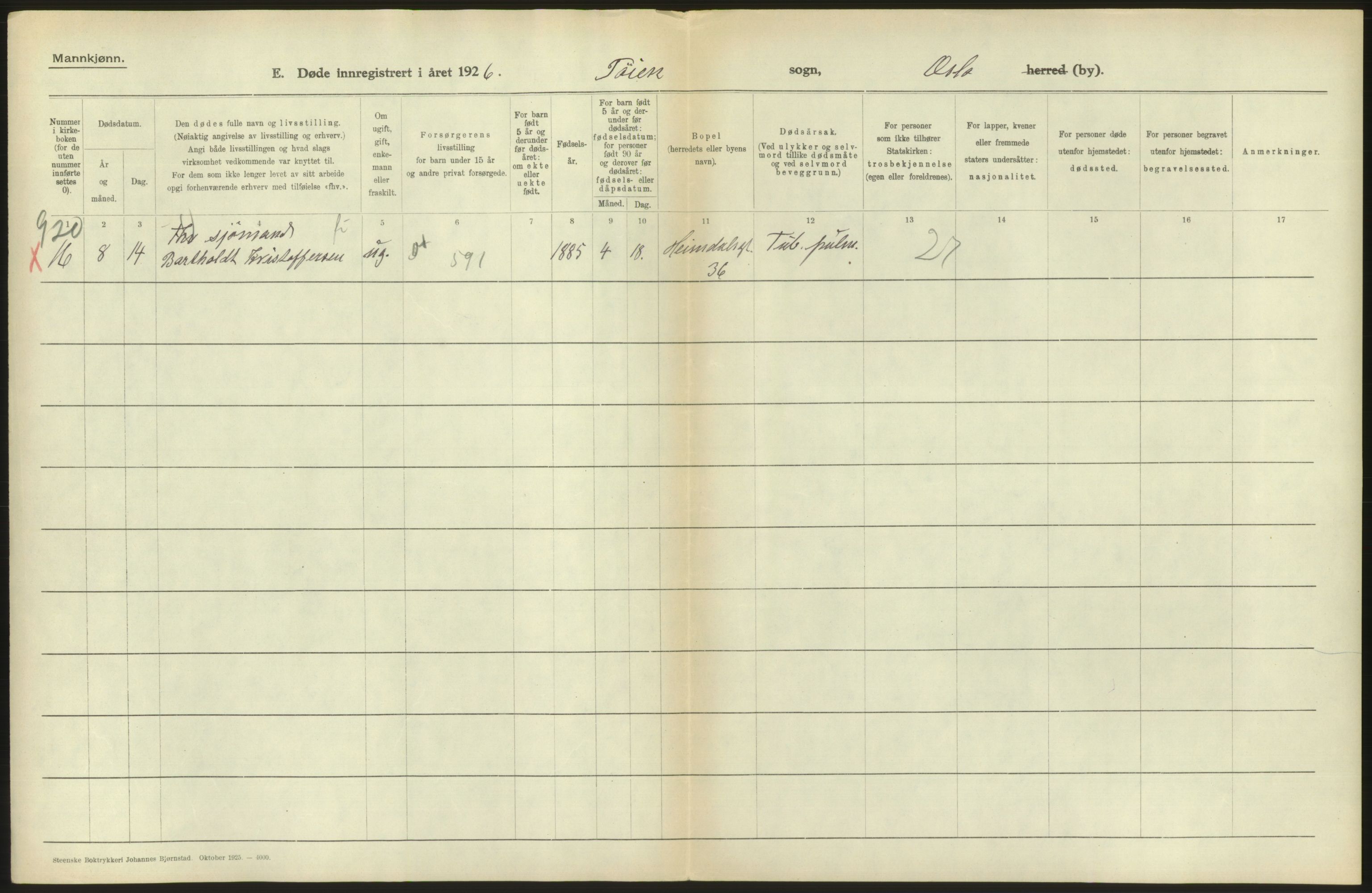 Statistisk sentralbyrå, Sosiodemografiske emner, Befolkning, AV/RA-S-2228/D/Df/Dfc/Dfcf/L0009: Oslo: Døde menn, 1926, s. 452