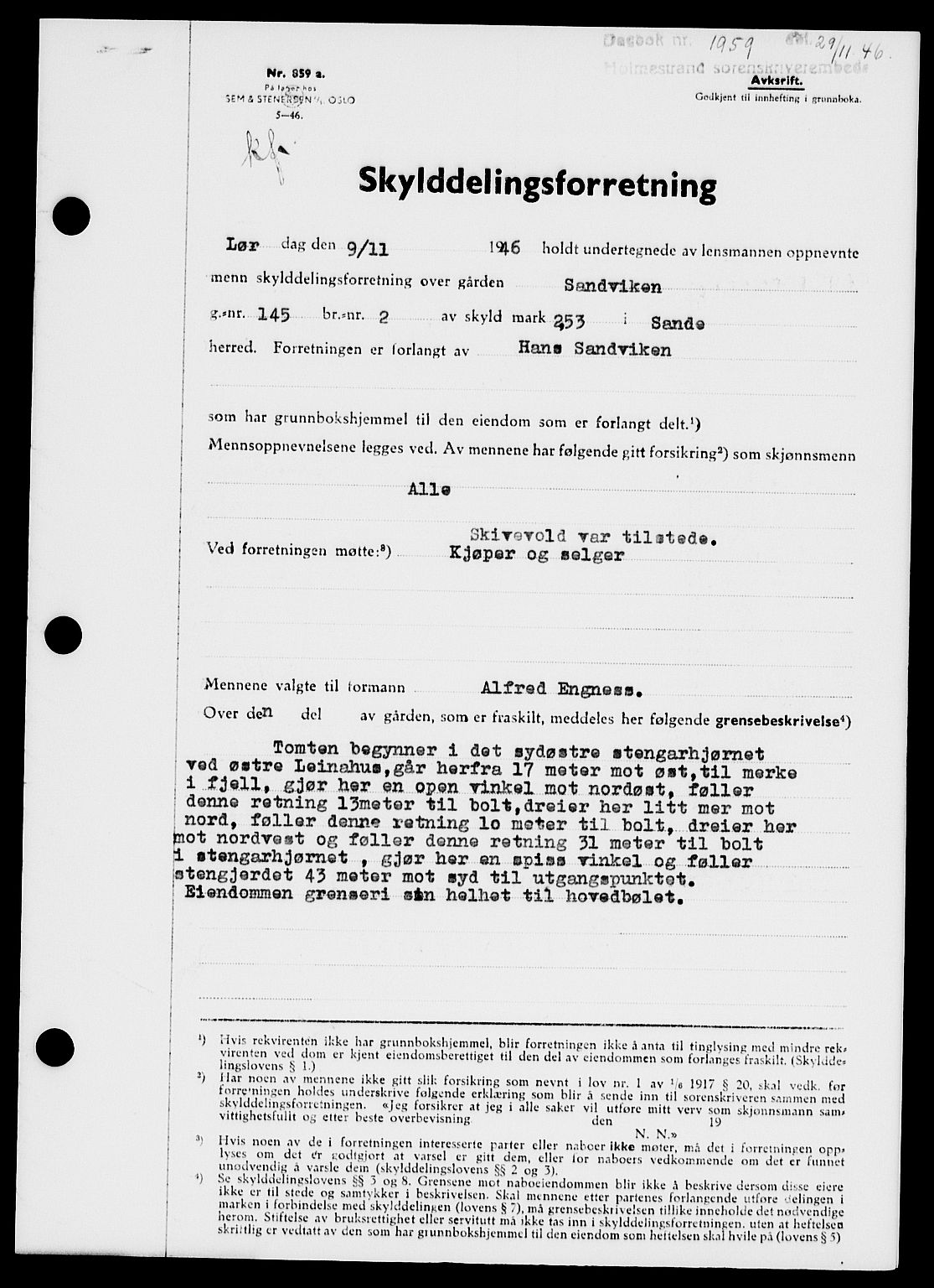 Holmestrand sorenskriveri, SAKO/A-67/G/Ga/Gaa/L0061: Pantebok nr. A-61, 1946-1947, Dagboknr: 1959/1946