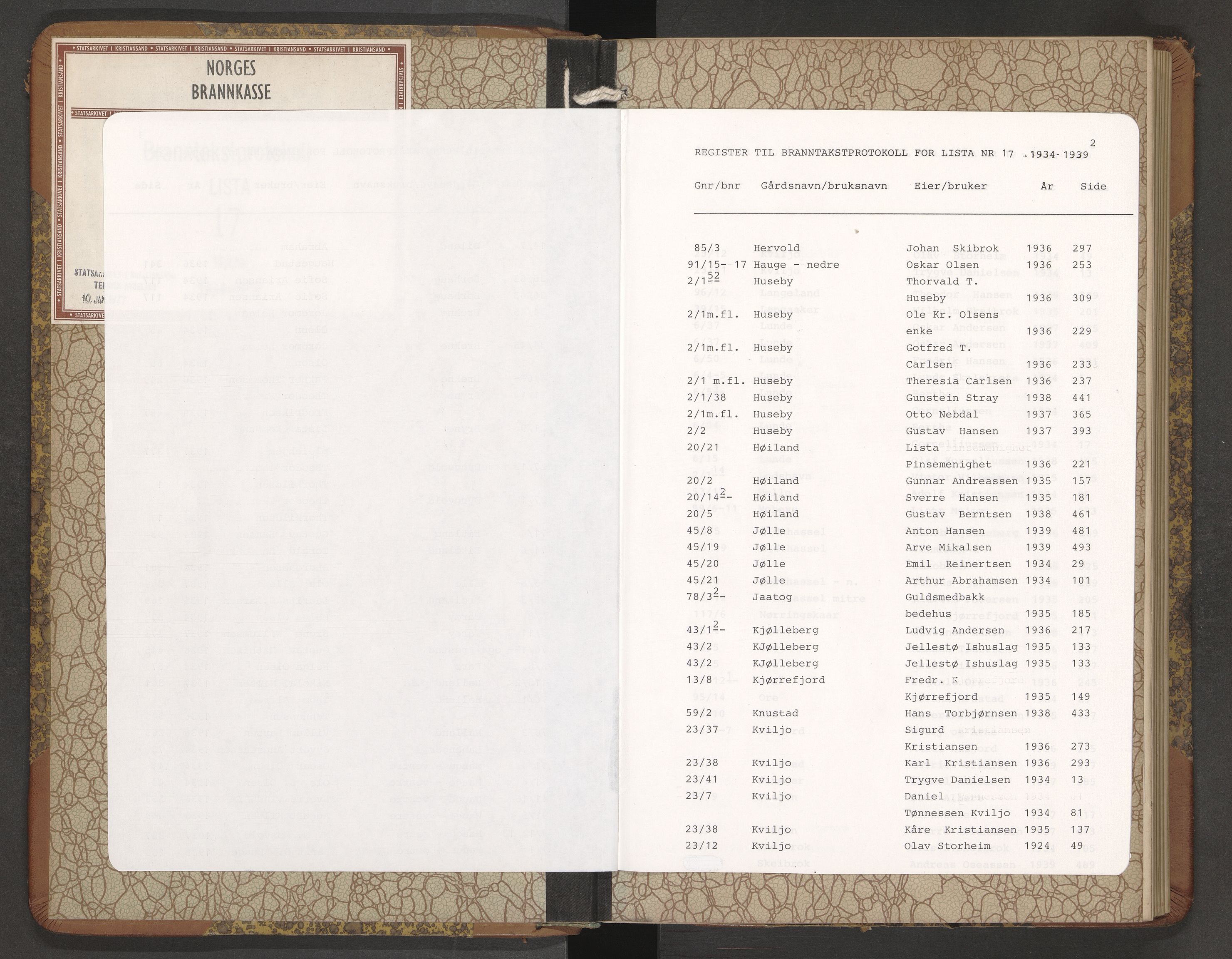 Norges Brannkasse Lista, AV/SAK-2241-0035/F/Fa/L0017: Branntakstprotokoll nr. 17 med gårdsnavnregister, 1934-1939