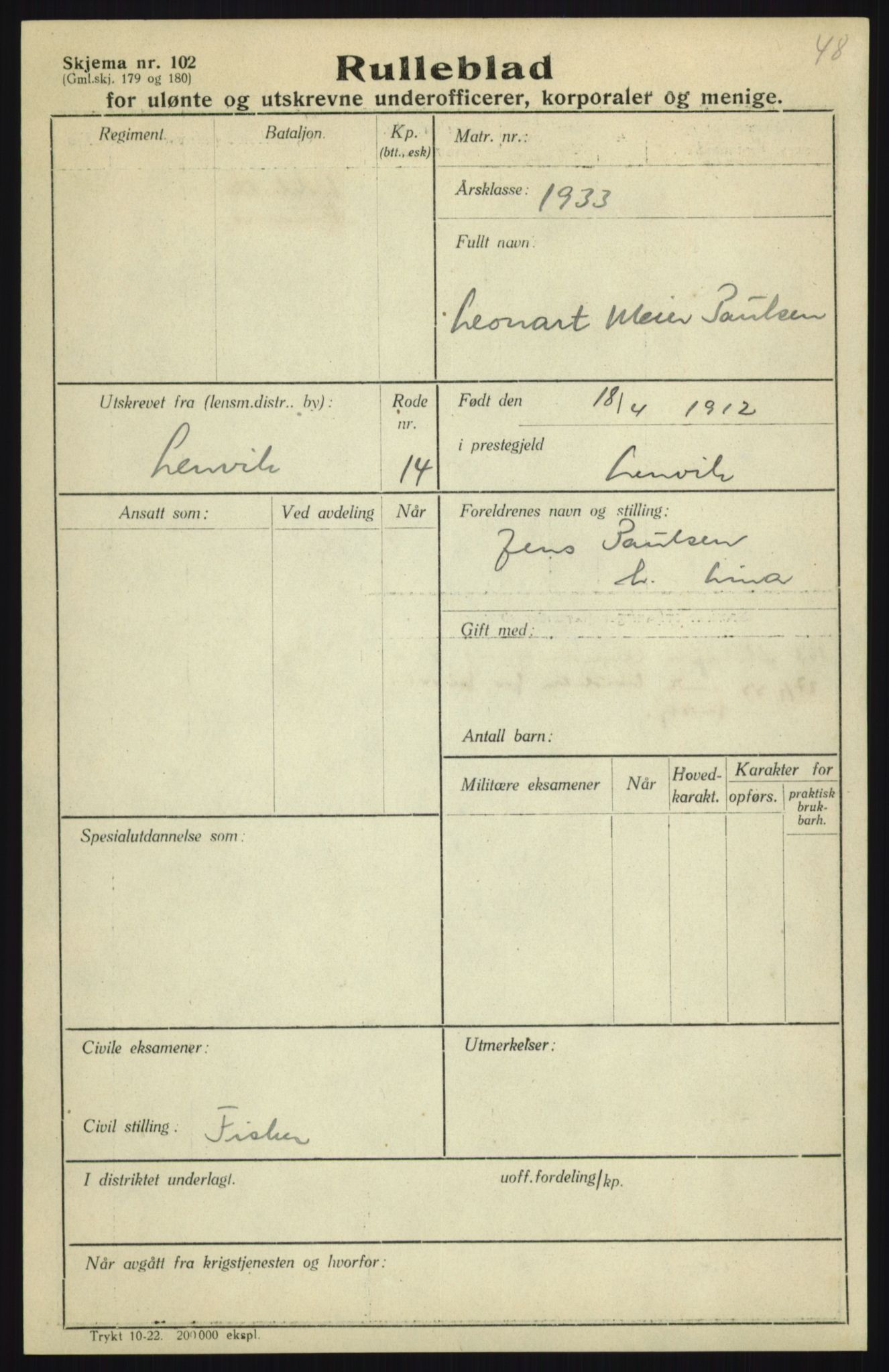 Forsvaret, Troms infanteriregiment nr. 16, AV/RA-RAFA-3146/P/Pa/L0017: Rulleblad for regimentets menige mannskaper, årsklasse 1933, 1933, s. 987