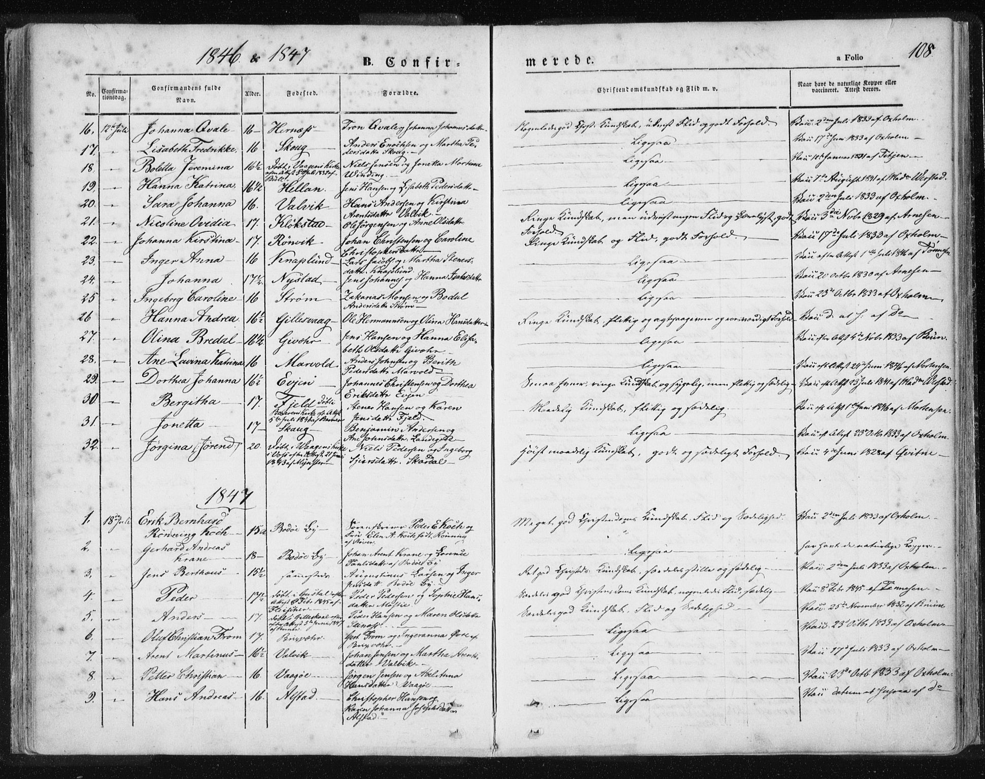 Ministerialprotokoller, klokkerbøker og fødselsregistre - Nordland, AV/SAT-A-1459/801/L0007: Ministerialbok nr. 801A07, 1845-1863, s. 108