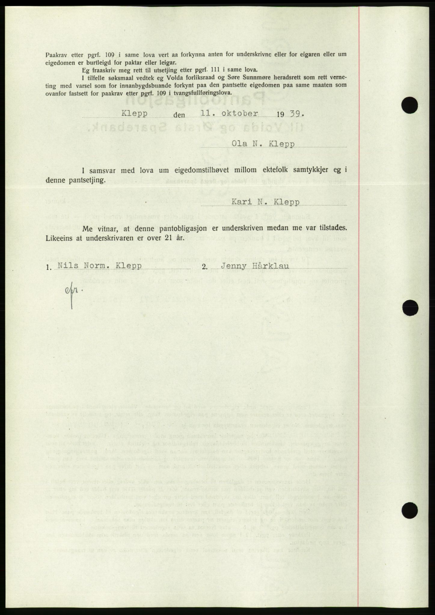 Søre Sunnmøre sorenskriveri, AV/SAT-A-4122/1/2/2C/L0069: Pantebok nr. 63, 1939-1940, Dagboknr: 1492/1939