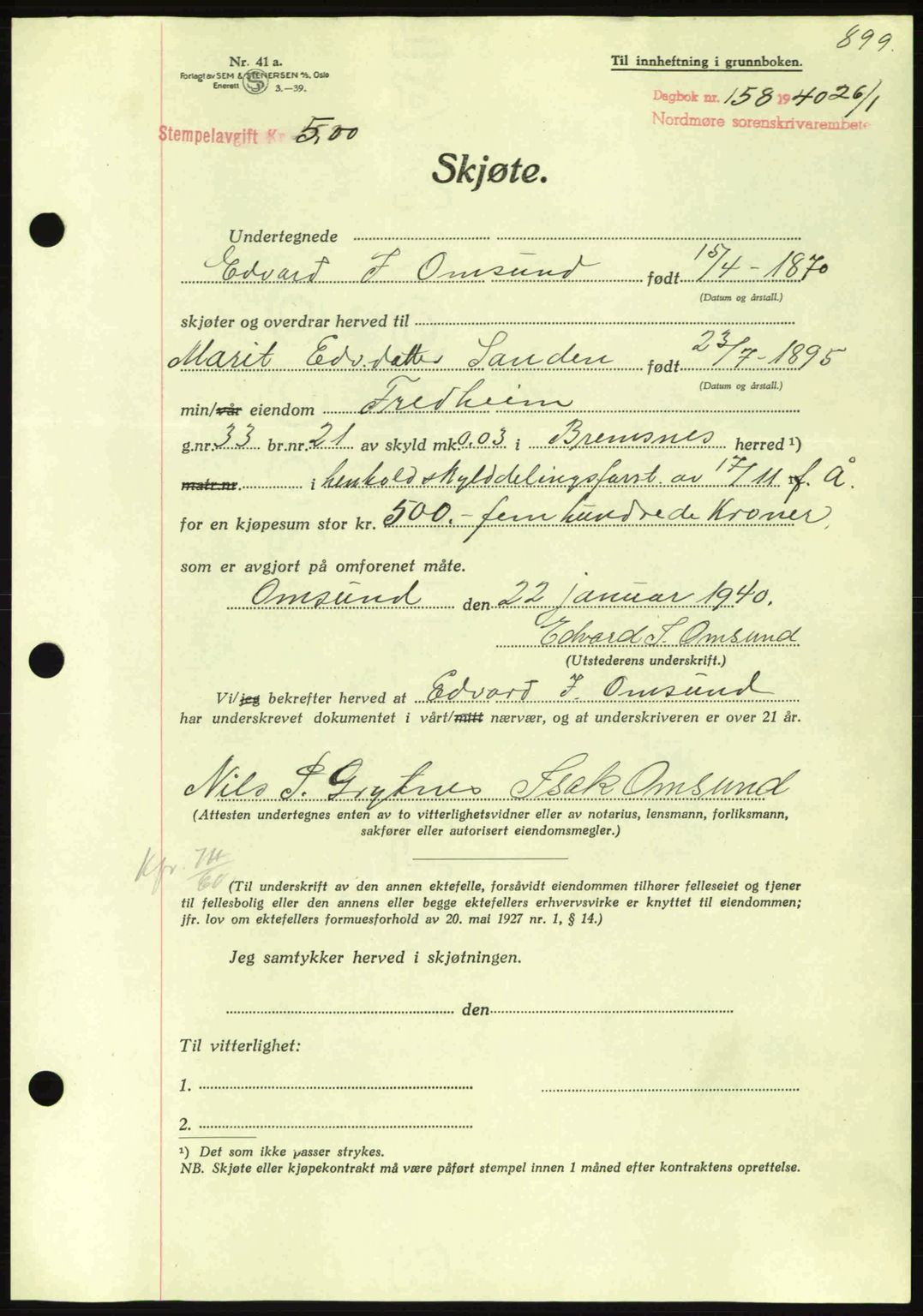 Nordmøre sorenskriveri, AV/SAT-A-4132/1/2/2Ca: Pantebok nr. A87, 1939-1940, Dagboknr: 158/1940