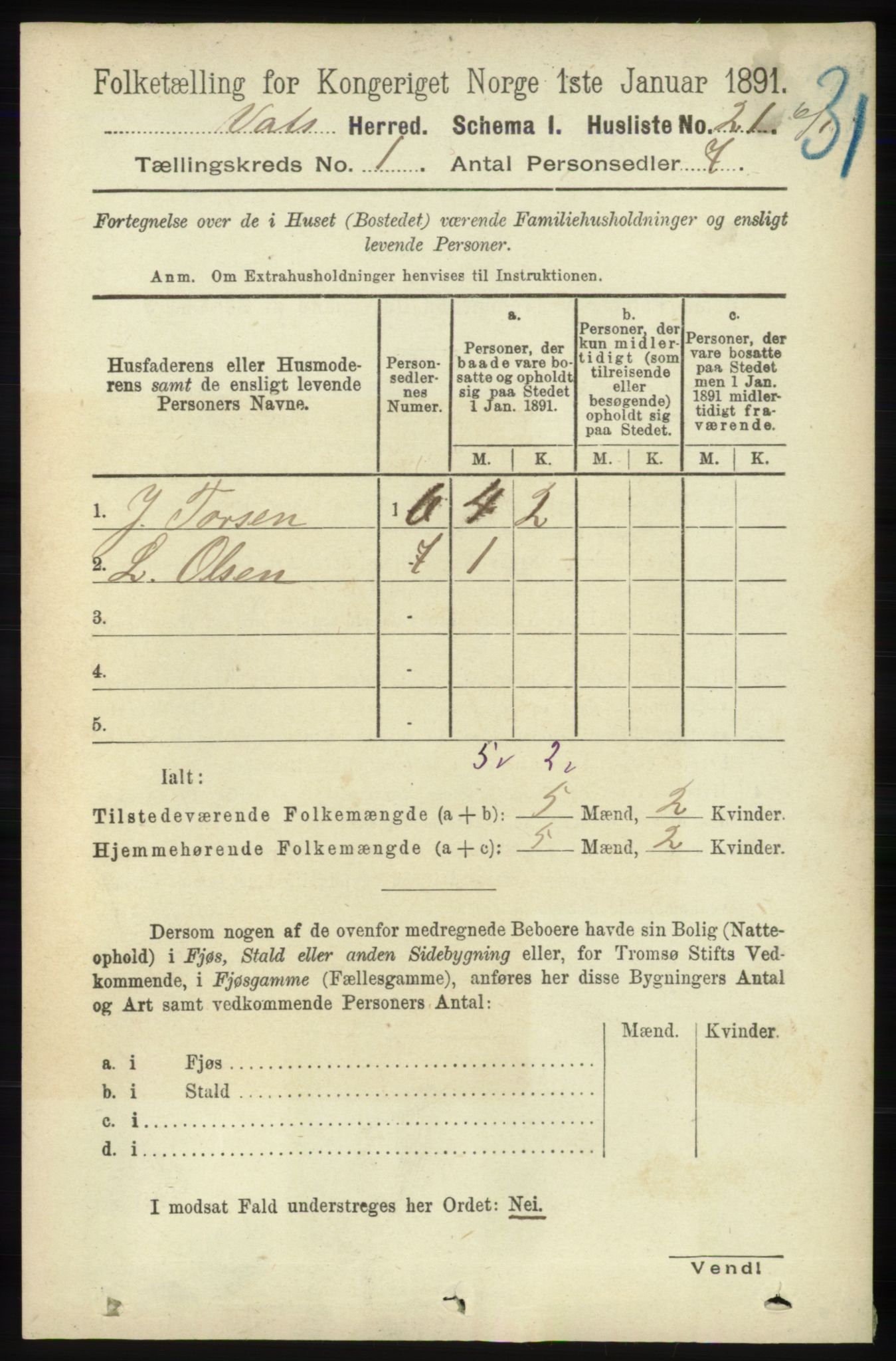 RA, Folketelling 1891 for 1155 Vats herred, 1891, s. 43