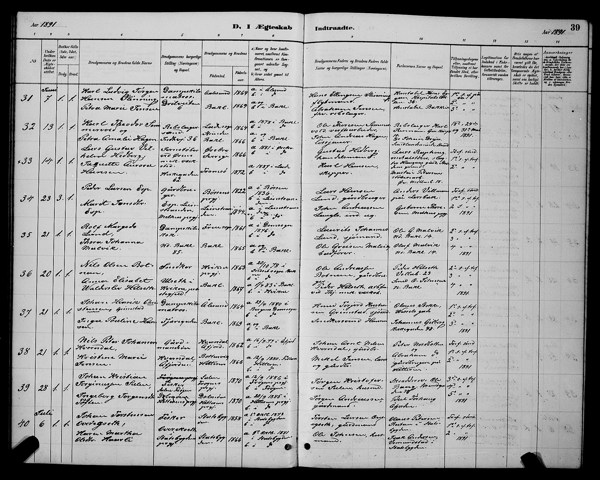 Ministerialprotokoller, klokkerbøker og fødselsregistre - Sør-Trøndelag, SAT/A-1456/604/L0223: Klokkerbok nr. 604C06, 1886-1897, s. 39