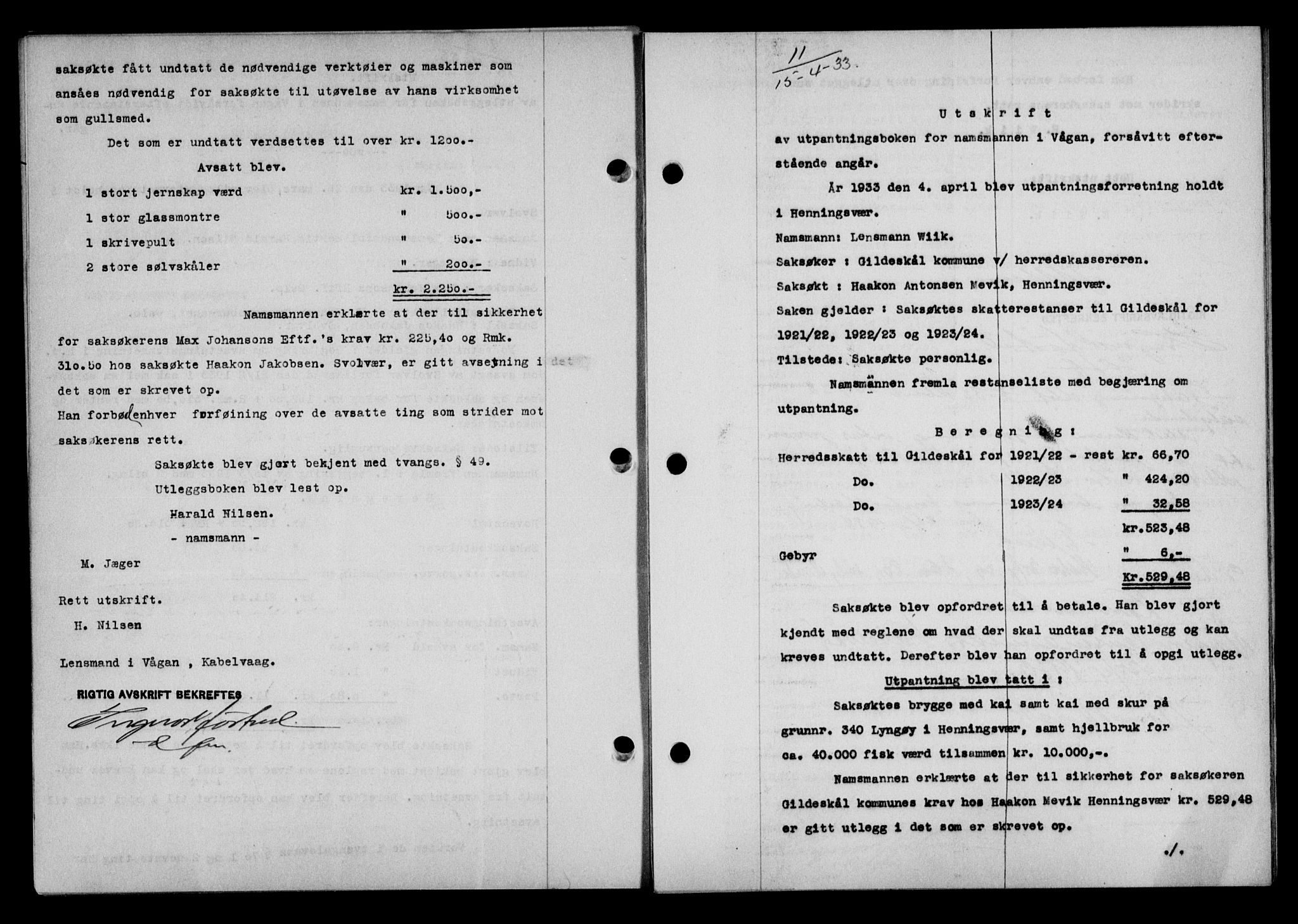 Lofoten sorenskriveri, SAT/A-0017/1/2/2C/L0027b: Pantebok nr. 27b, 1933-1933, Tingl.dato: 15.04.1933