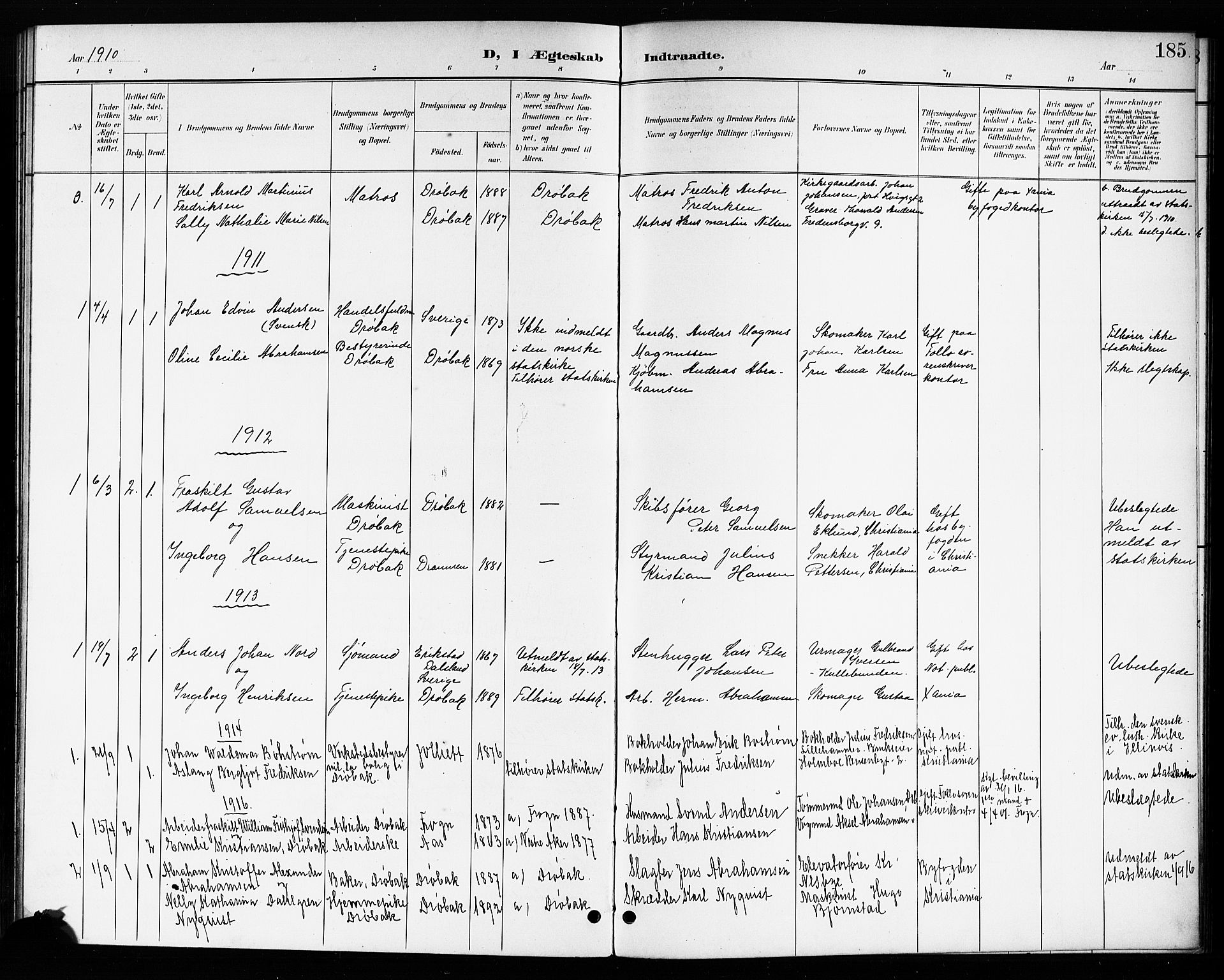 Drøbak prestekontor Kirkebøker, SAO/A-10142a/G/Ga/L0001: Klokkerbok nr. I 1, 1897-1917, s. 185