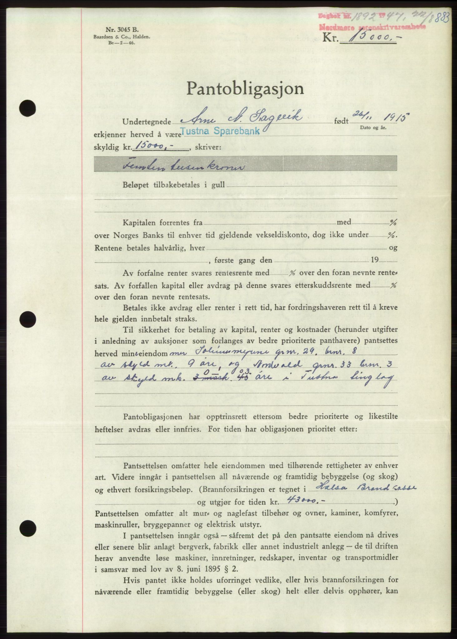 Nordmøre sorenskriveri, SAT/A-4132/1/2/2Ca: Pantebok nr. B96, 1947-1947, Dagboknr: 1892/1947
