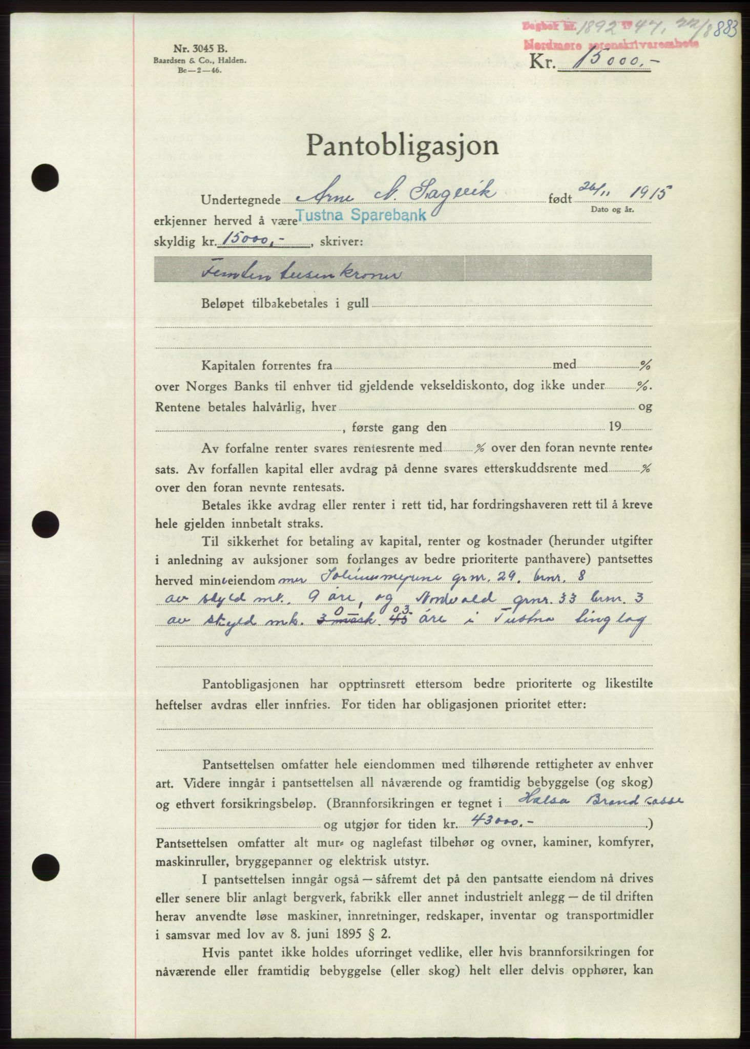 Nordmøre sorenskriveri, AV/SAT-A-4132/1/2/2Ca: Pantebok nr. B96, 1947-1947, Dagboknr: 1892/1947